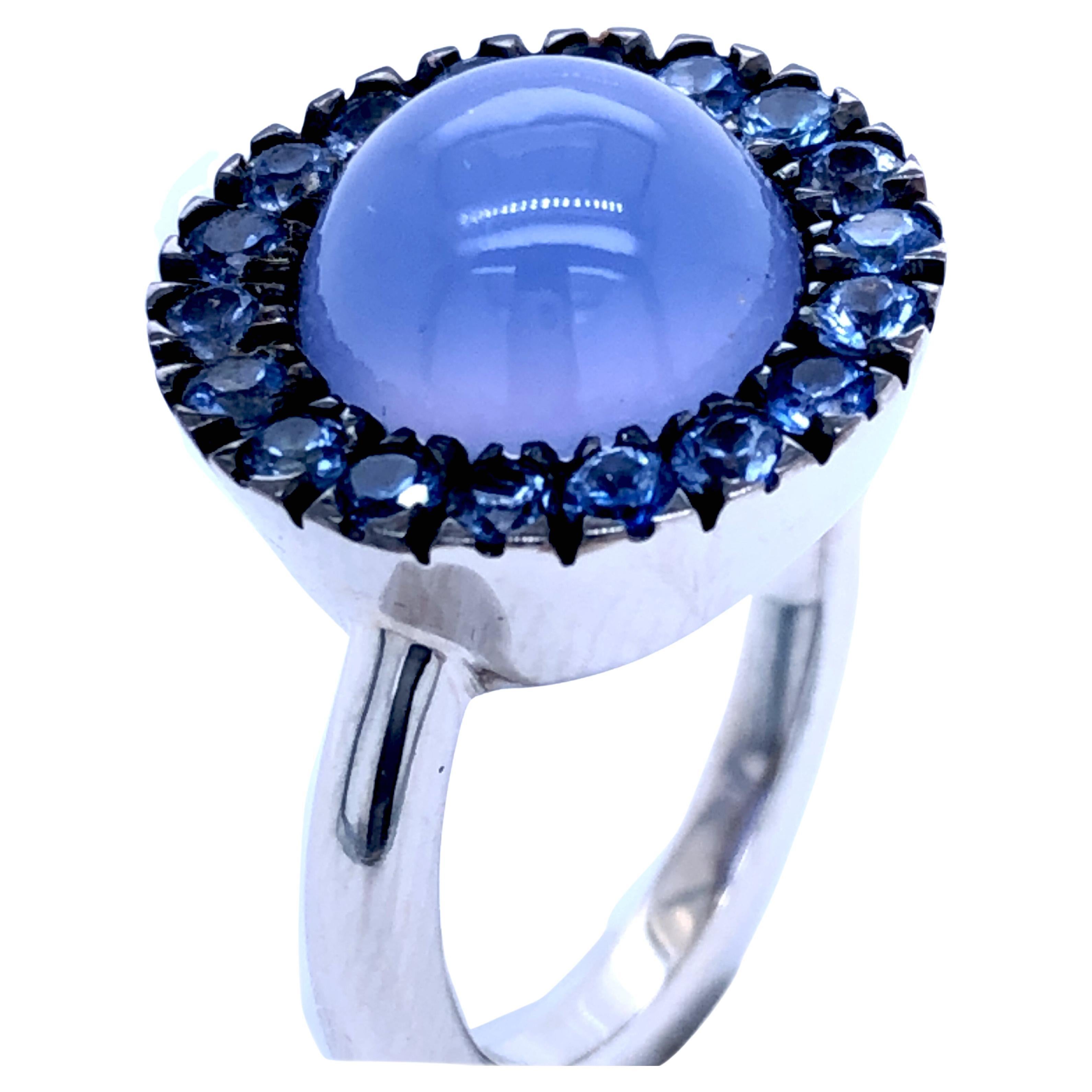 Berca Blue Sapphire Round Blue Chalcedony Cabochon White Gold Cocktail Ring