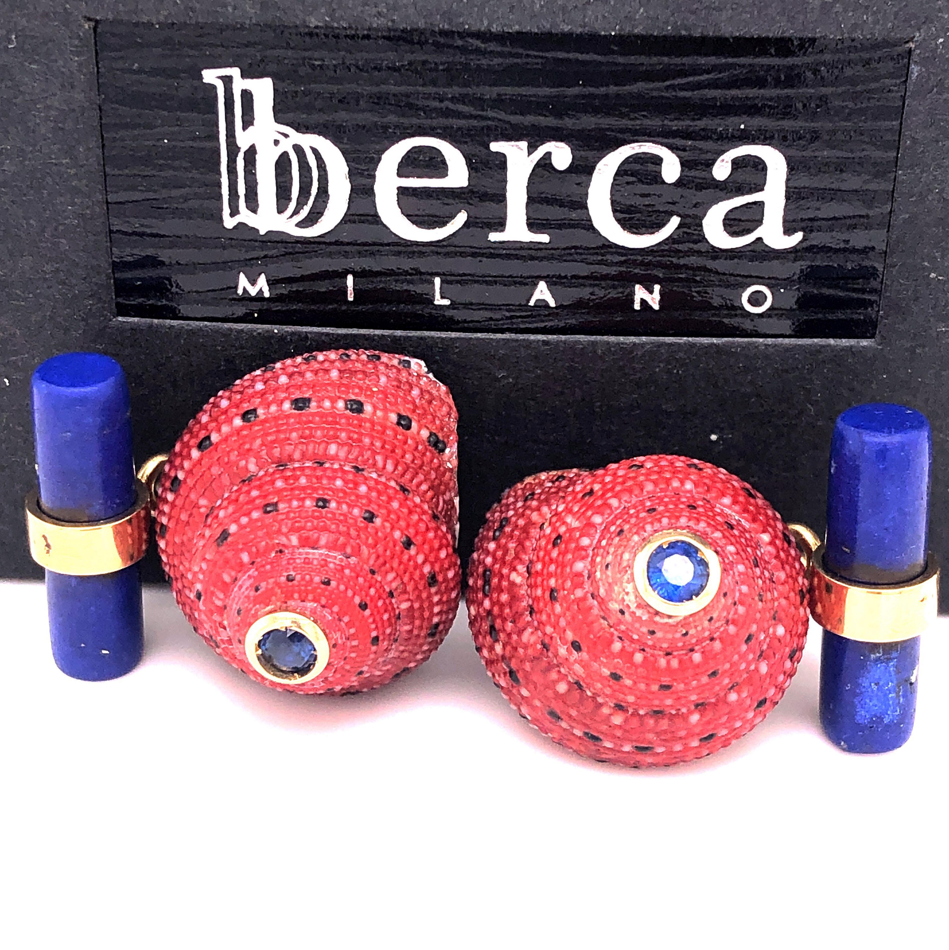 Contemporary Berca Blue Sapphire Strawberry Red Shell Lapis Baton Back 18K Gold Cufflinks