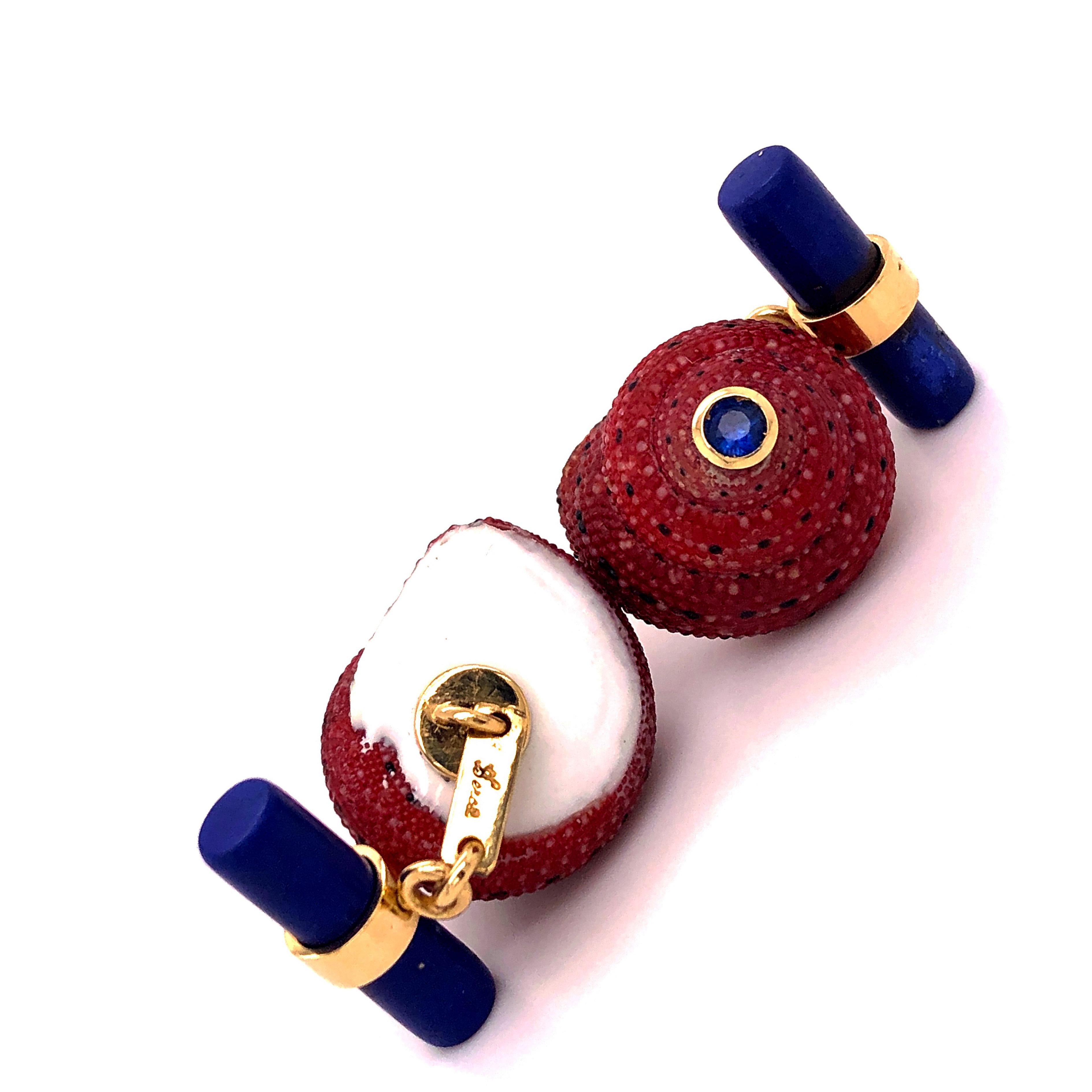 Men's Berca Blue Sapphire Strawberry Red Shell Lapis Baton Back 18K Gold Cufflinks