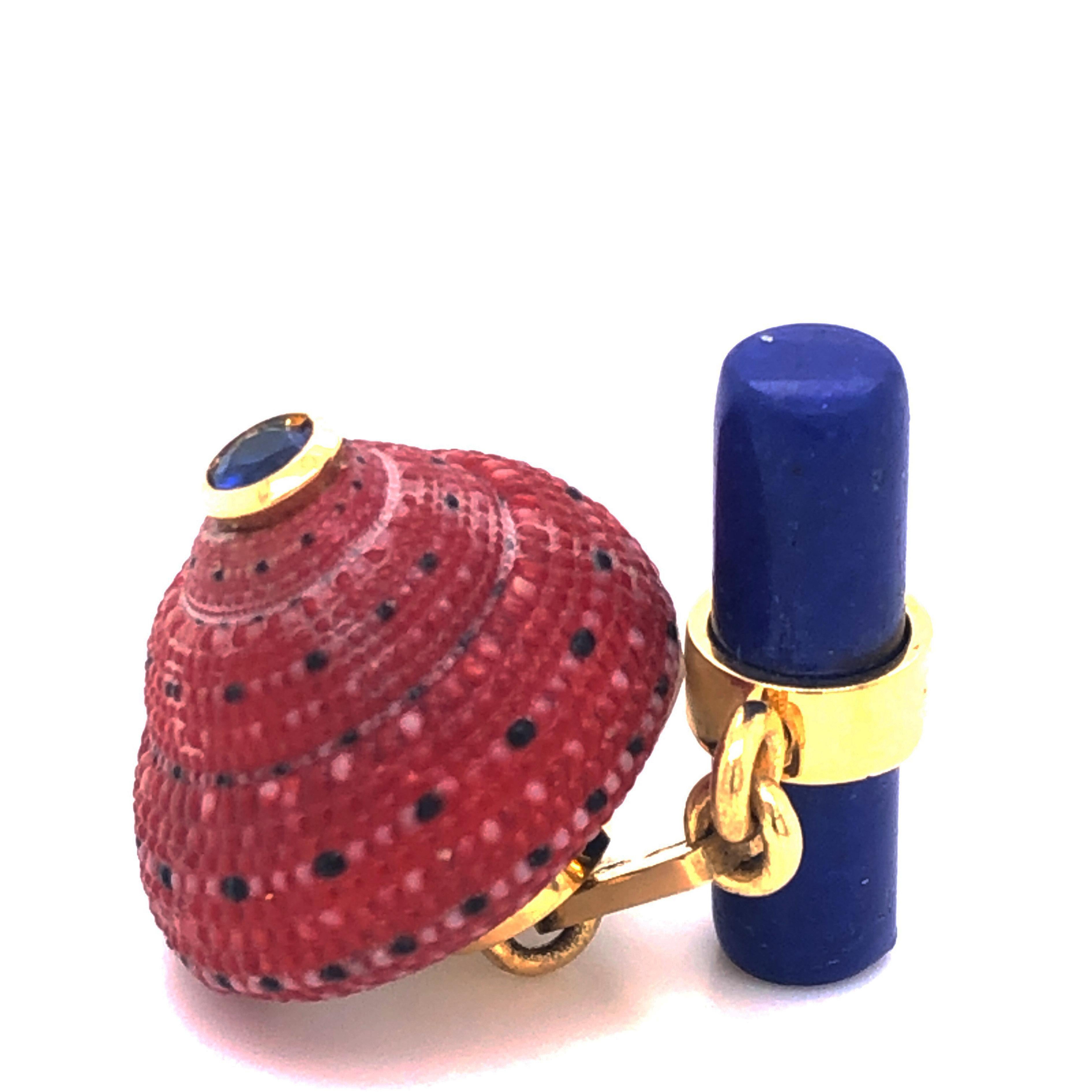 Berca Blue Sapphire Strawberry Red Shell Lapis Baton Back 18K Gold Cufflinks 1