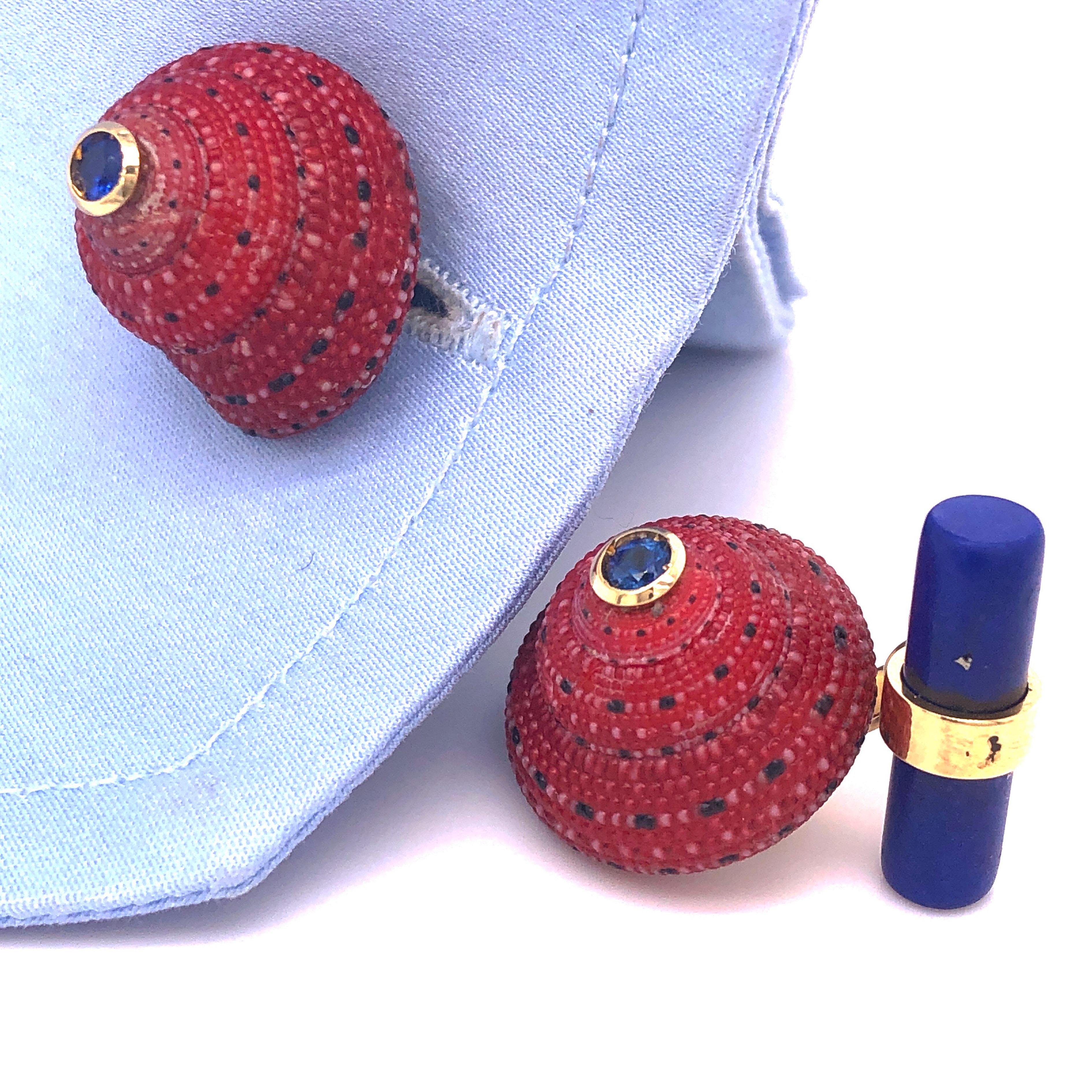Berca Blue Sapphire Strawberry Red Shell Lapis Baton Back 18K Gold Cufflinks 3