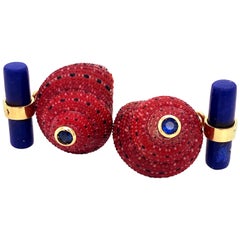 Berca Blue Sapphire Strawberry Red Shell Lapis Baton Back 18K Gold Cufflinks