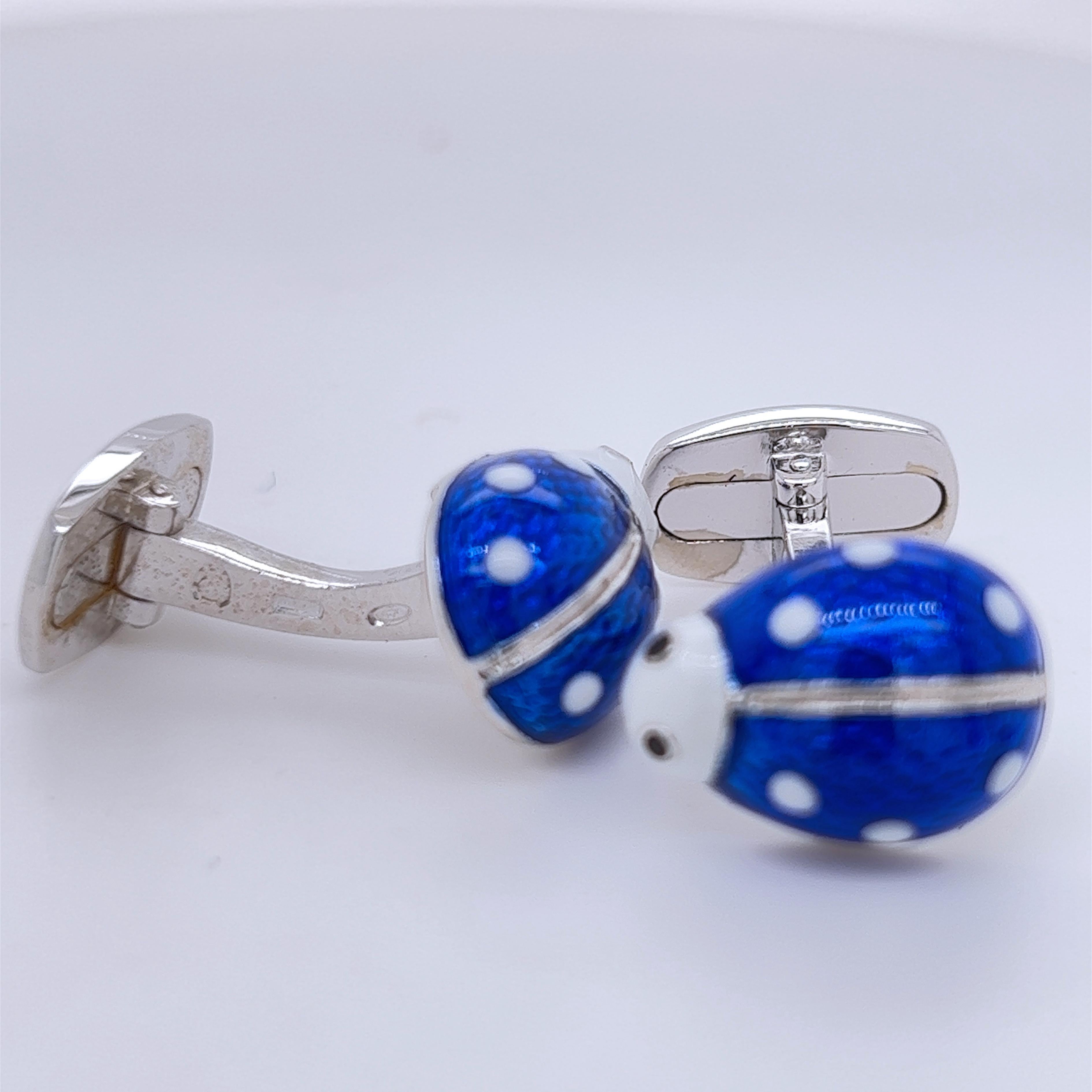 Contemporary Berca Blue White Enameled Ladybug Shaped T-Bar Back Sterling Silver Cufflinks For Sale