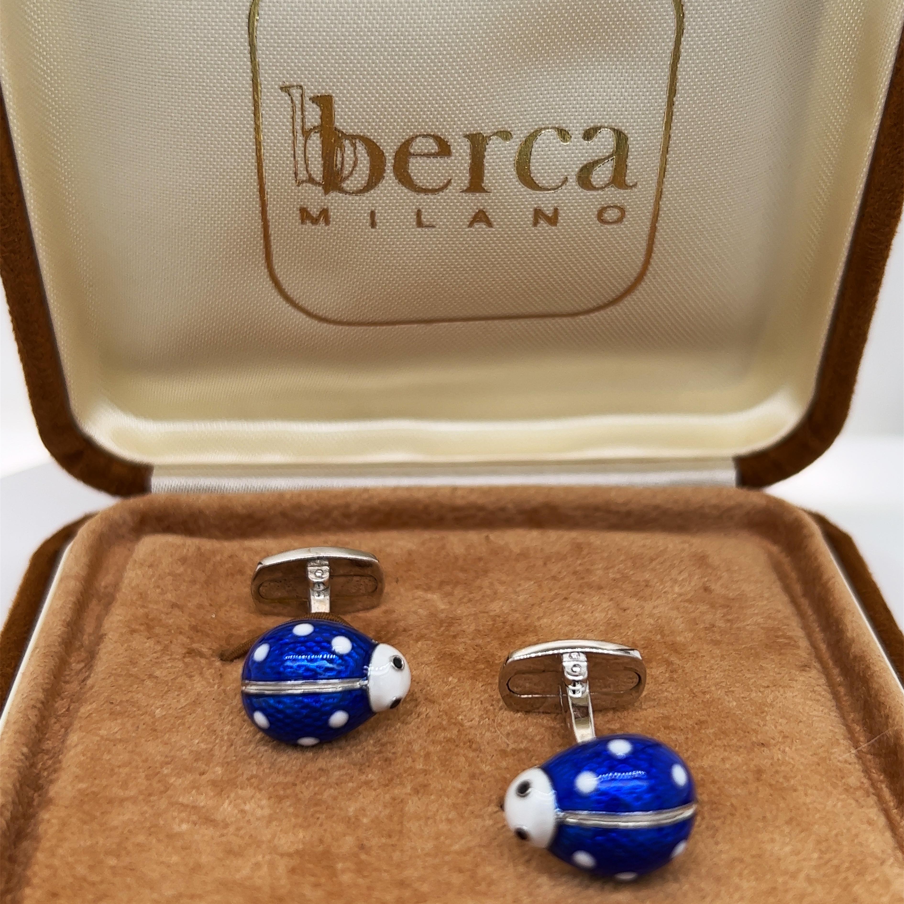 Berca Blue White Enameled Ladybug Shaped T-Bar Back Sterling Silver Cufflinks In New Condition For Sale In Valenza, IT