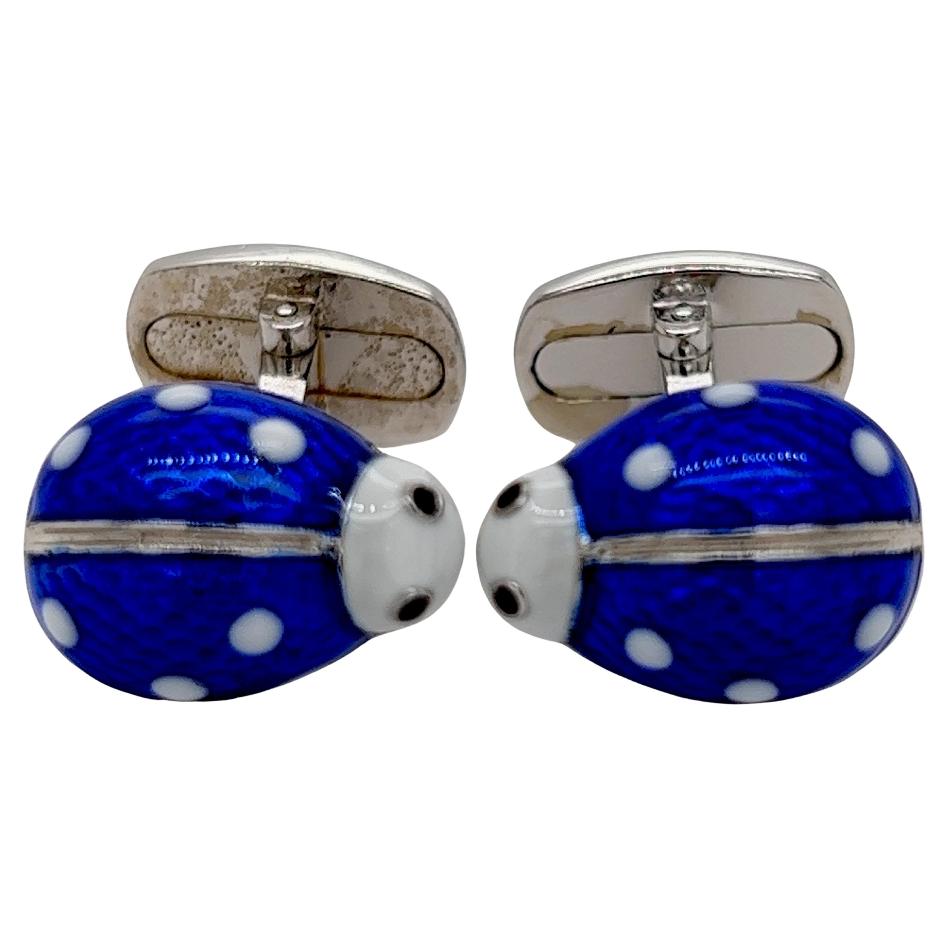 Berca Blue White Enameled Ladybug Shaped T-Bar Back Sterling Silver Cufflinks For Sale