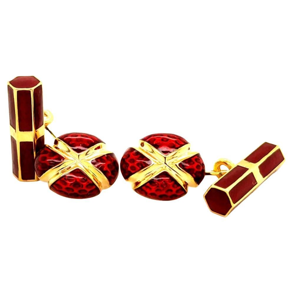 Berca Bright Red Hand Enameled Egg Shaped Stick Back Sterling Silver Cufflinks