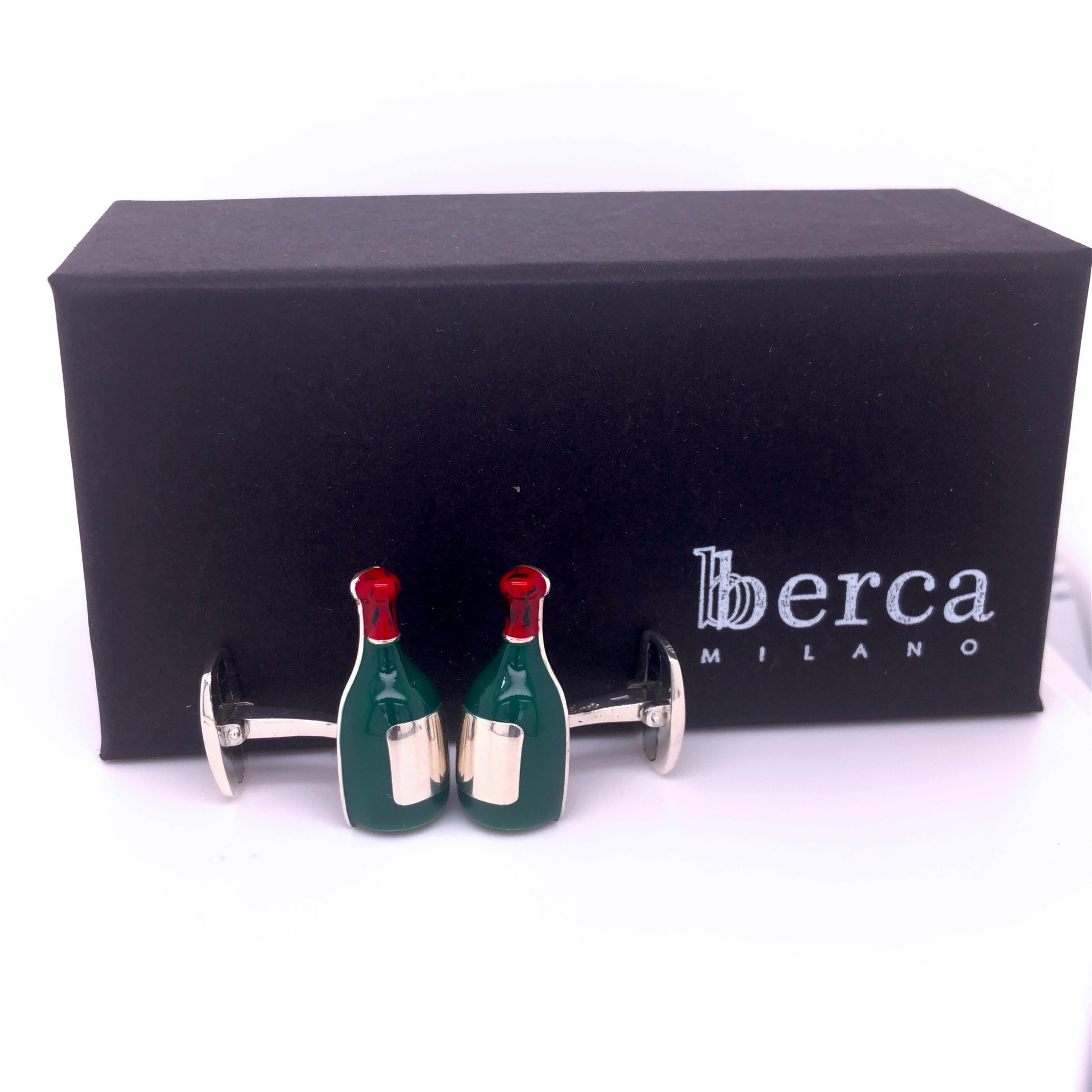 Chic and Unique Champagne Bottle Hand Enameled Sterling Silver Cufflinks, T-Bar Back.
In our smart fitted Black Box and Pouch.

