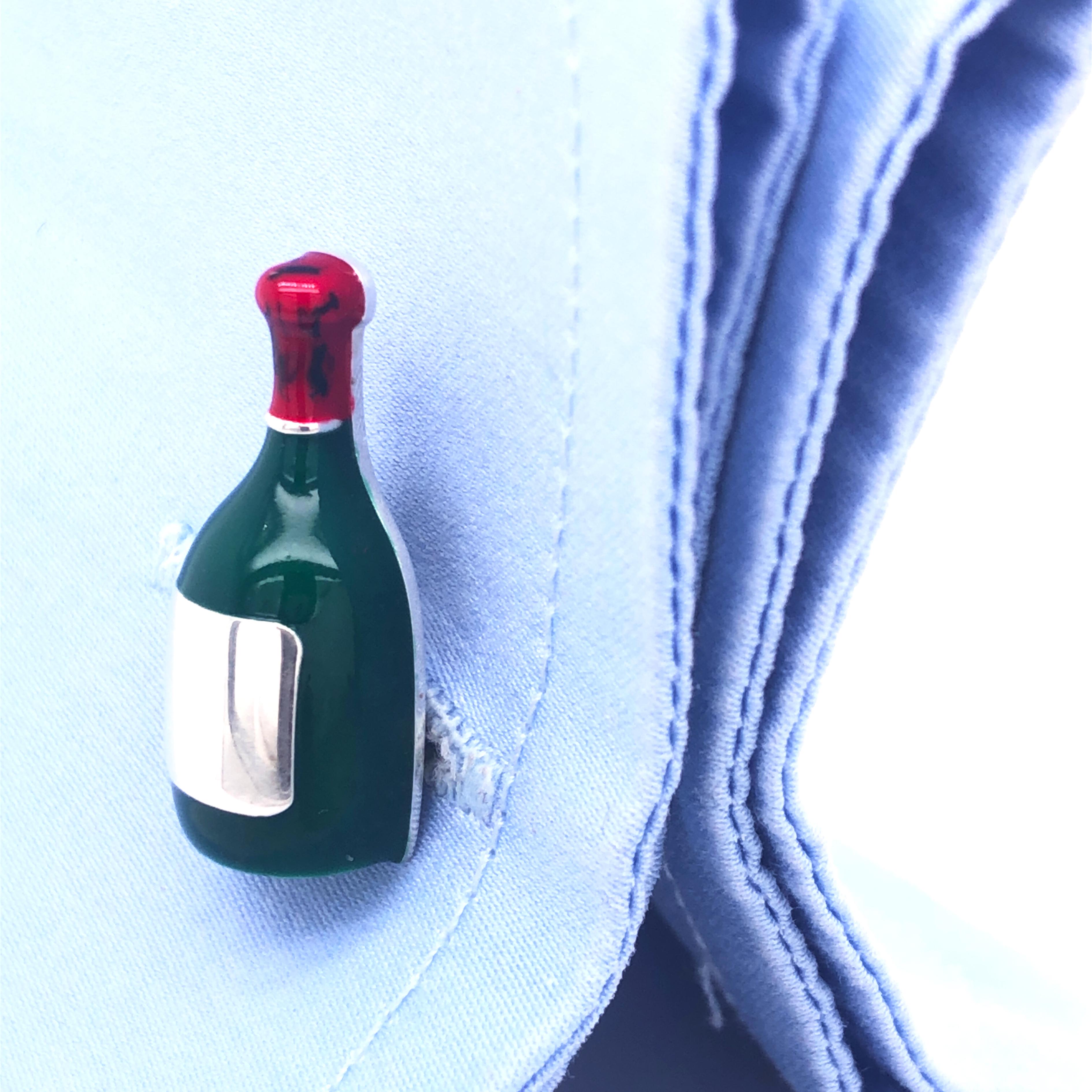 Manschettenknöpfe aus hand emailliertem Sterlingsilber in Form einer Champagnerflasche von Berca (Zeitgenössisch) im Angebot