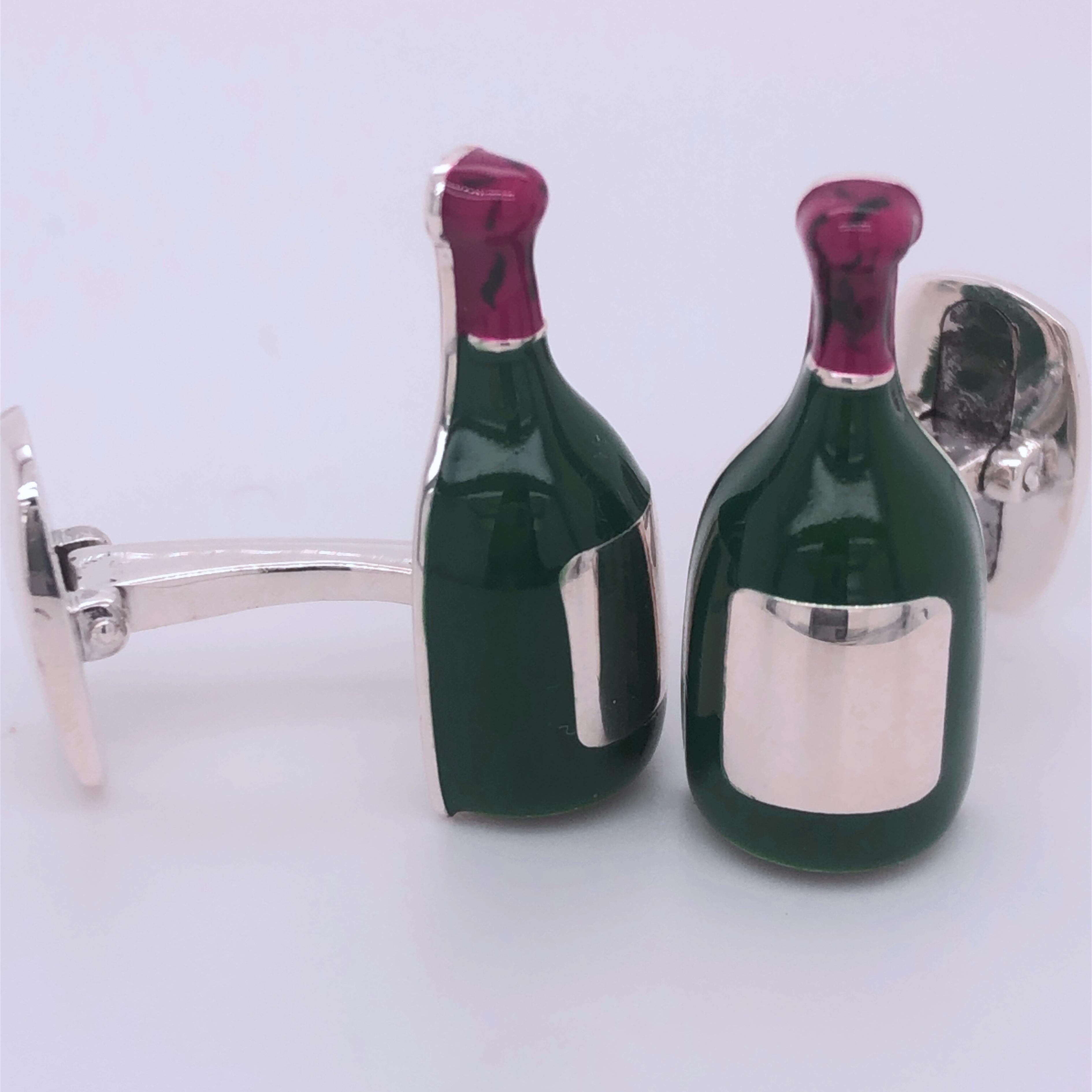 Berca Champagne Bottle Shaped Hand Enameled Sterling Silver Cufflinks In New Condition For Sale In Valenza, IT