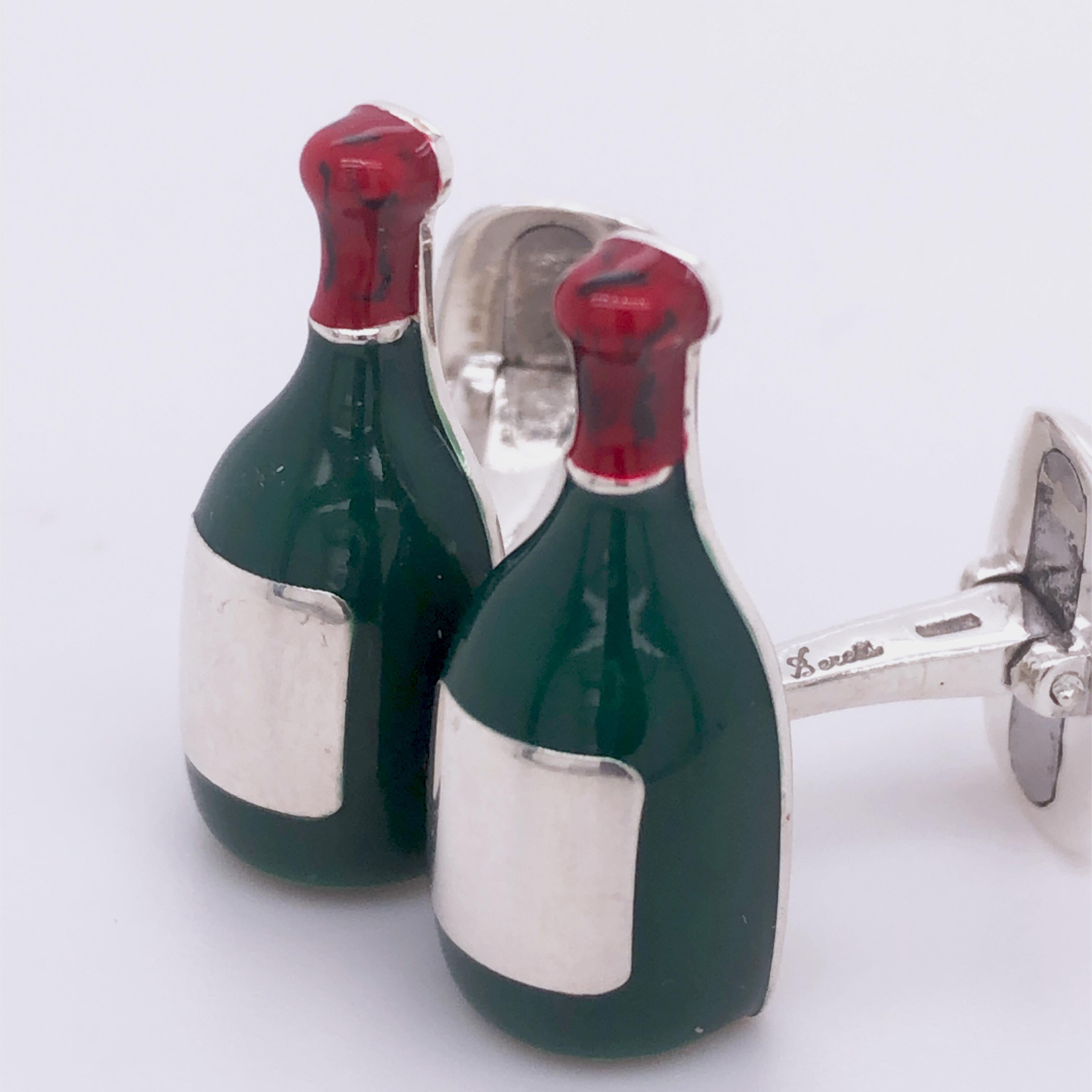 Berca Champagne Bottle Shaped Hand Enameled Sterling Silver Cufflinks For Sale 4