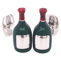 Used Berca Champagne Bottle Shaped Hand Enameled Sterling Silver Cufflinks