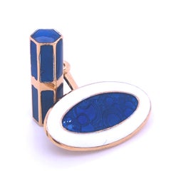 Berca Champlevé Hand Enameled White Royal Blue Gold Sterling Silver Cufflinks