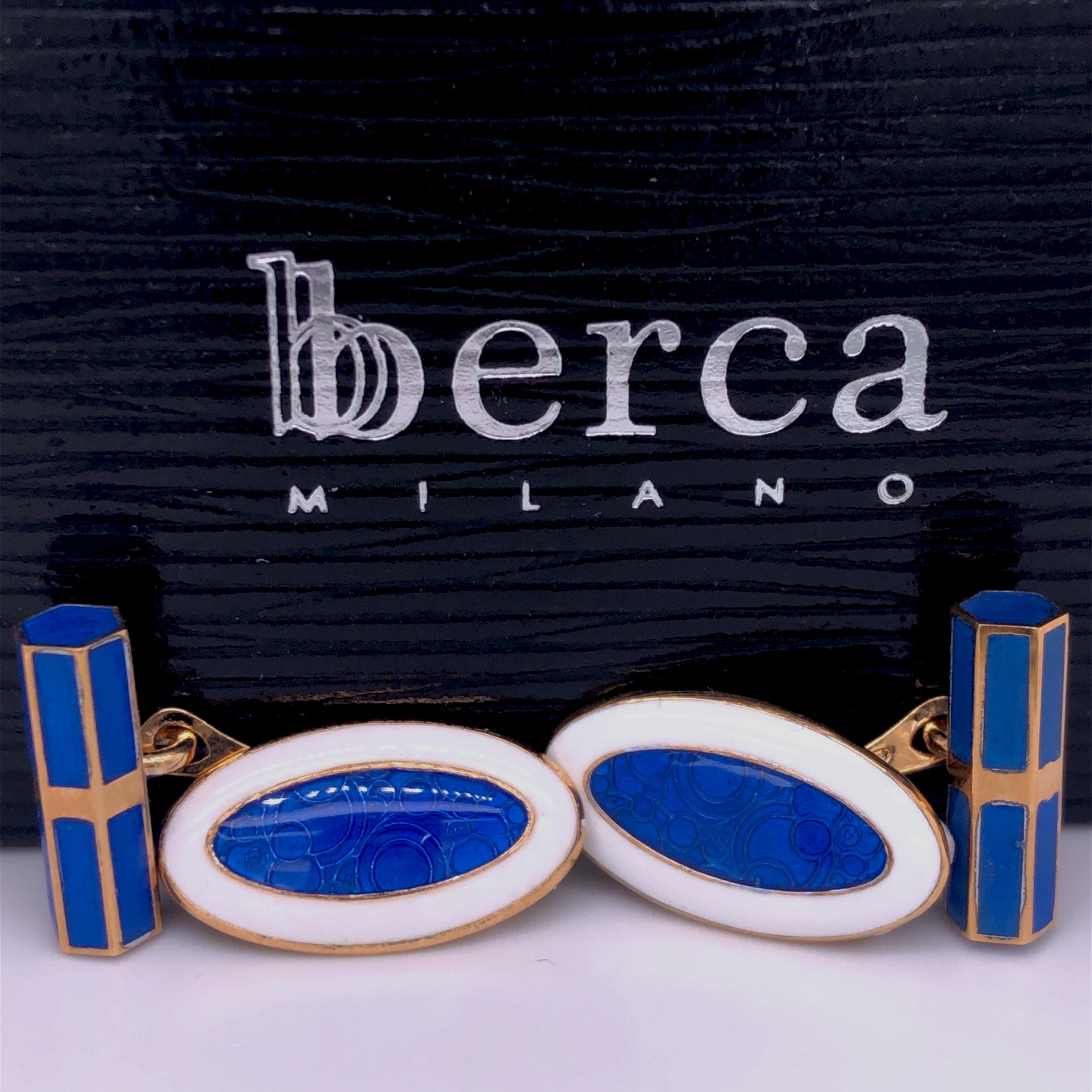 Art Deco Berca Champlevé Hand Enameled White Royal Blue Gold Sterling Silver Cufflinks For Sale