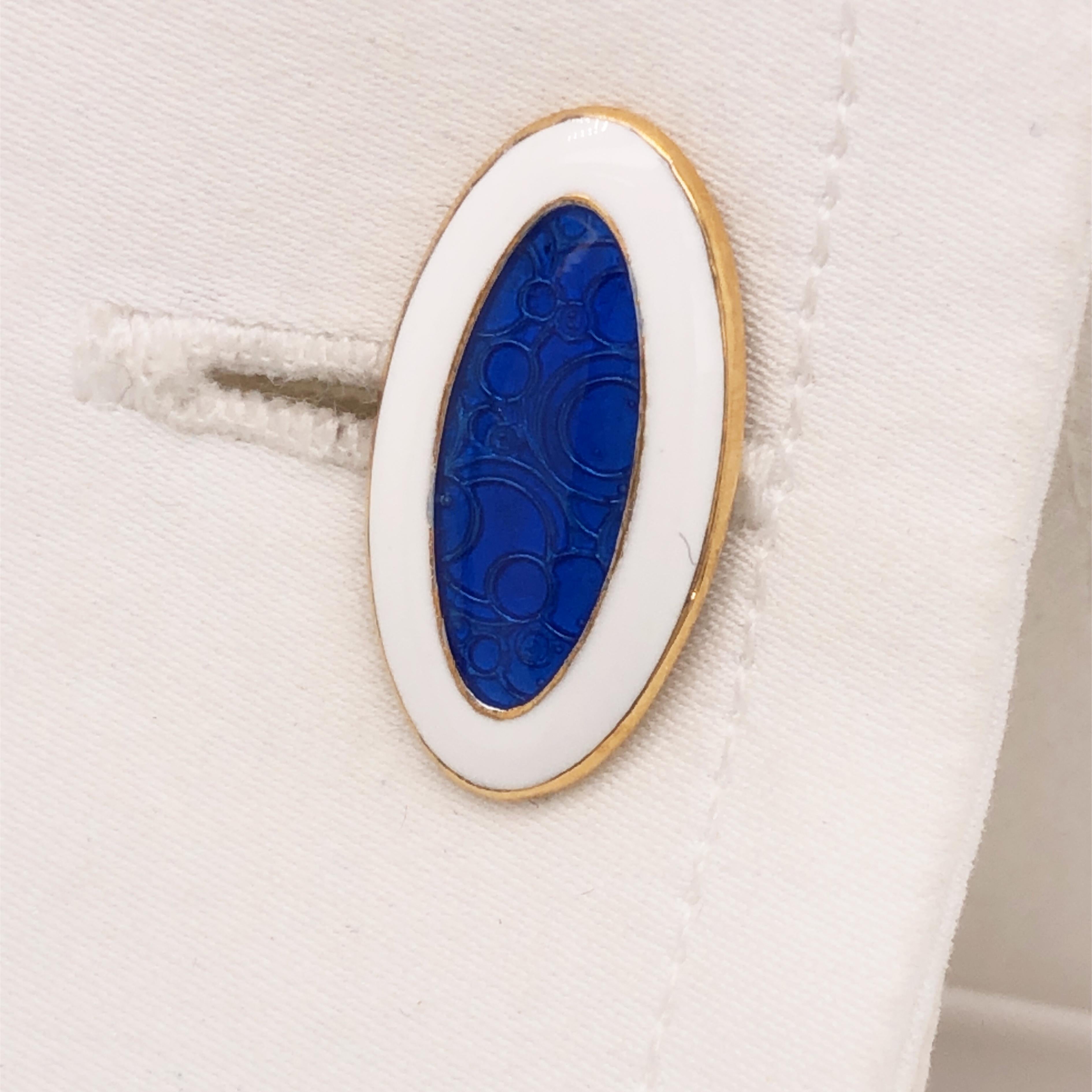 Berca Champlevé Hand Enameled White Royal Blue Gold Sterling Silver Cufflinks For Sale 2