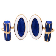 Berca Champlevé Hand Enameled White Royal Blue Gold Sterling Silver Cufflinks