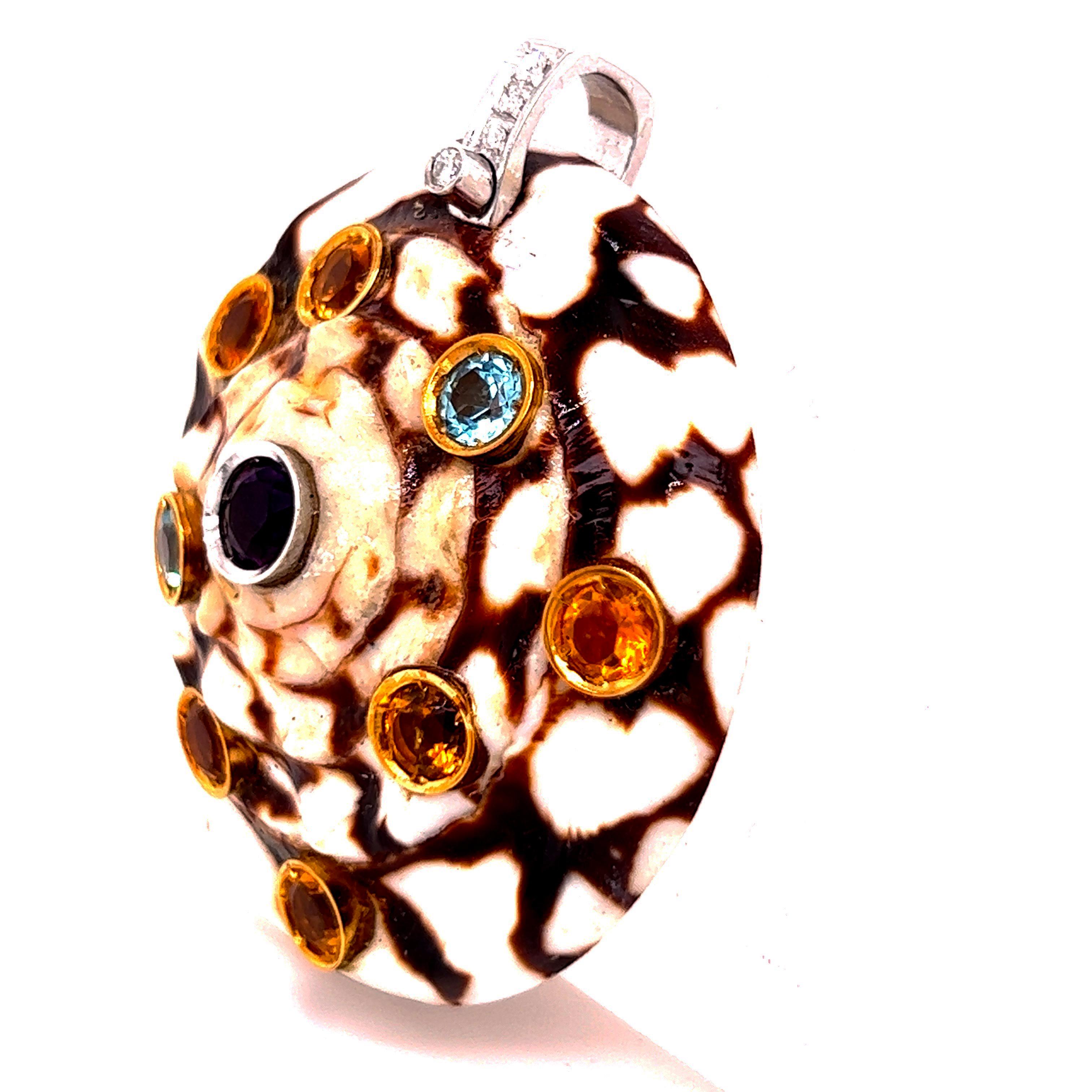 Berca Citrine Aquamarine Amethyst White Diamond 18k Gold Shell Shaped Pendant In New Condition For Sale In Valenza, IT