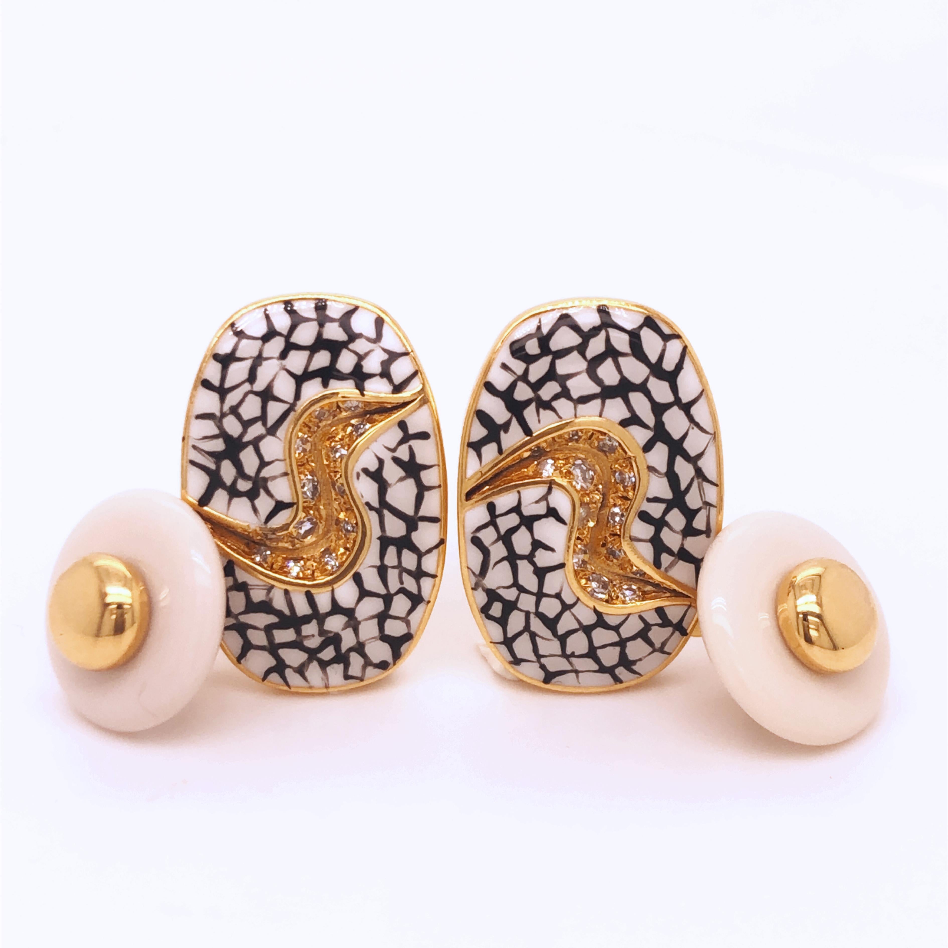 Gemelos Berca Diamante Blanco Crackle Esmaltado Ágata Blanca Oro Amarillo Corte brillante en venta