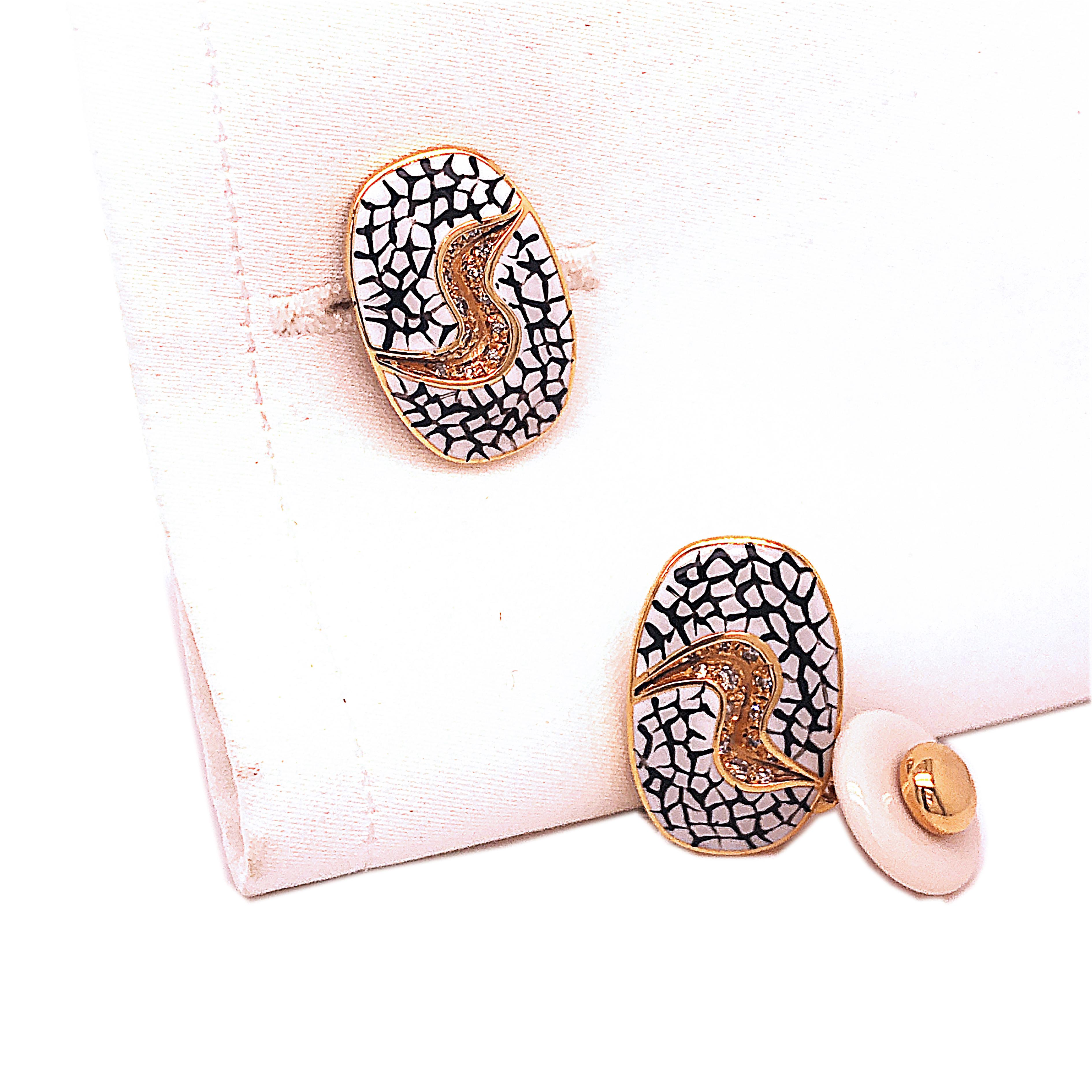 Gemelos Berca Diamante Blanco Crackle Esmaltado Ágata Blanca Oro Amarillo en Nuevo estado para la venta en Valenza, IT
