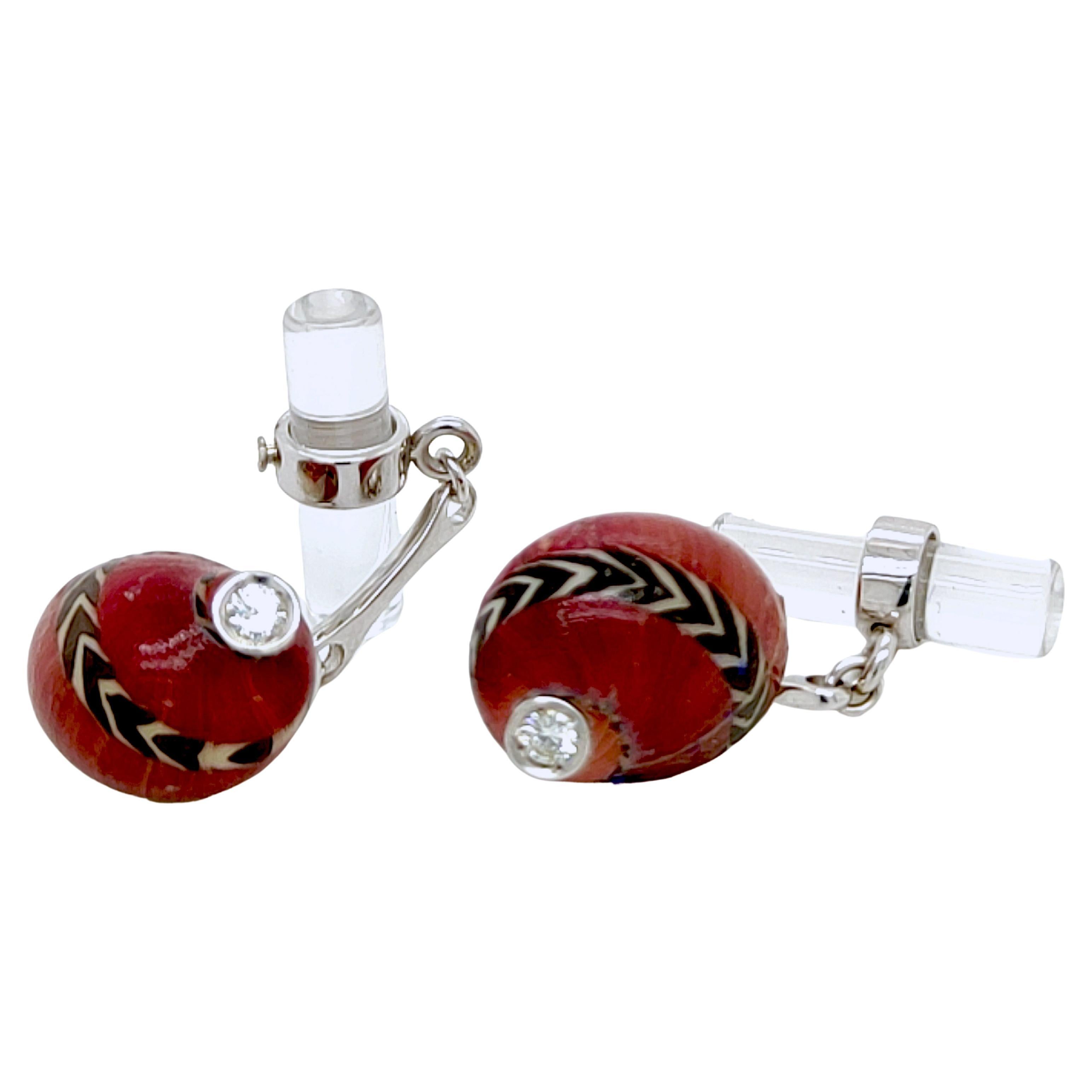 Berca Diamond Red Black Shell Shaped Rock Crystal White Gold Cufflinks For Sale