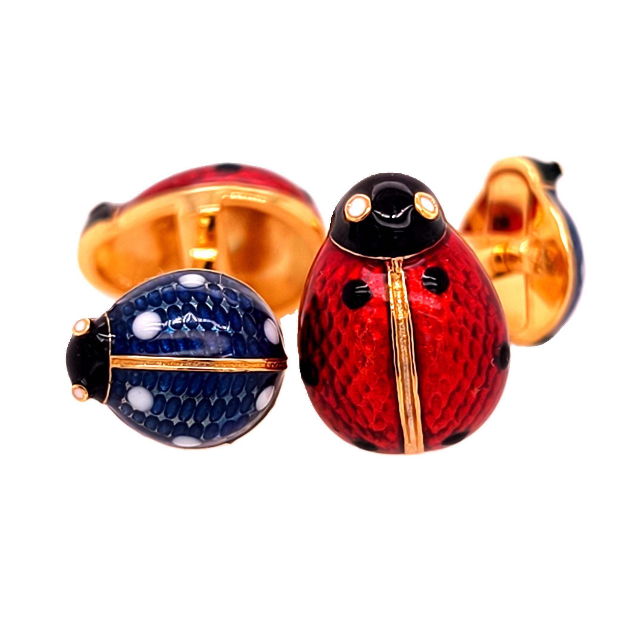 Berca Double Enameled Ladybug Shaped Sterling Silver Gold Plated Cufflinks Contemporáneo en venta
