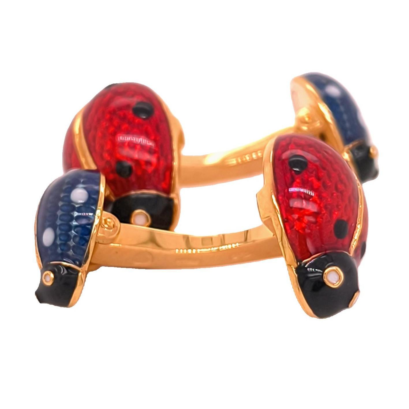 Berca Double Enameled Ladybug Shaped Sterling Silver Gold Plated Cufflinks en Nuevo estado para la venta en Valenza, IT