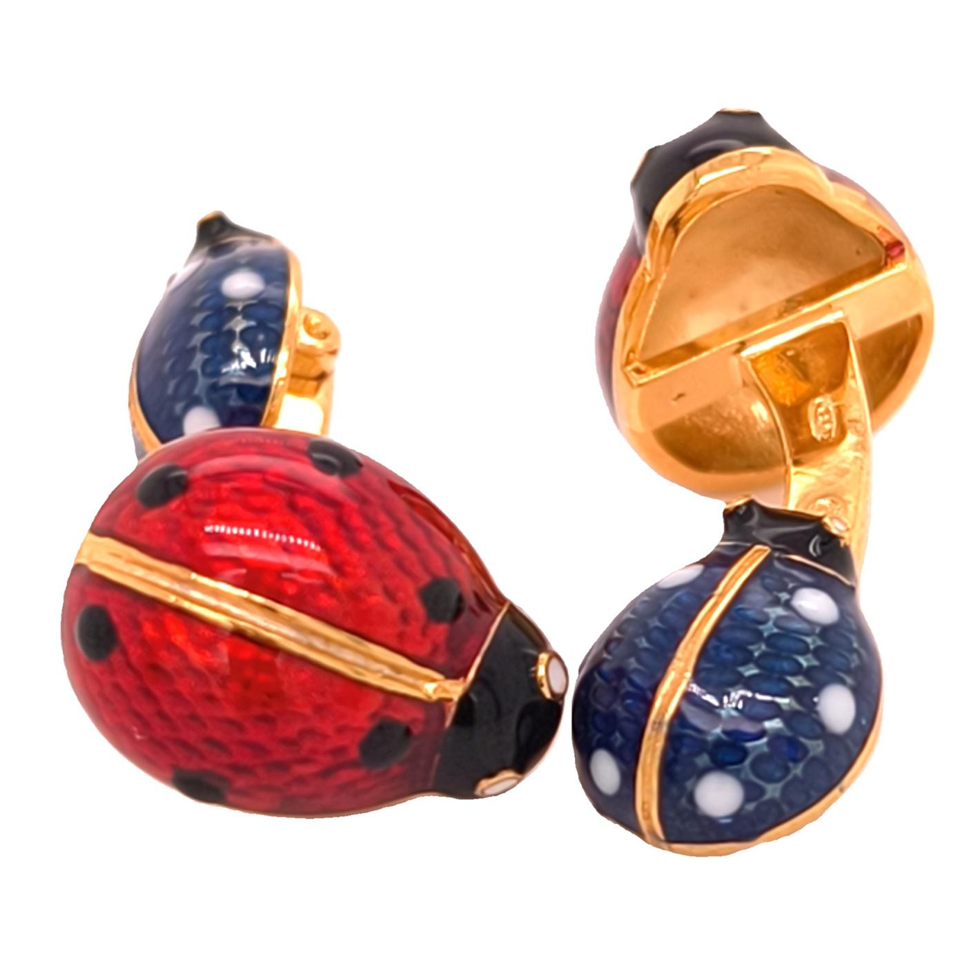 Femenino o masculino Berca Double Enameled Ladybug Shaped Sterling Silver Gold Plated Cufflinks en venta