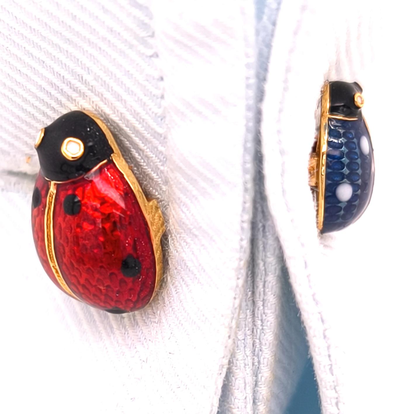 Berca Double Enameled Ladybug Shaped Sterling Silver Gold Plated Cufflinks en venta 2