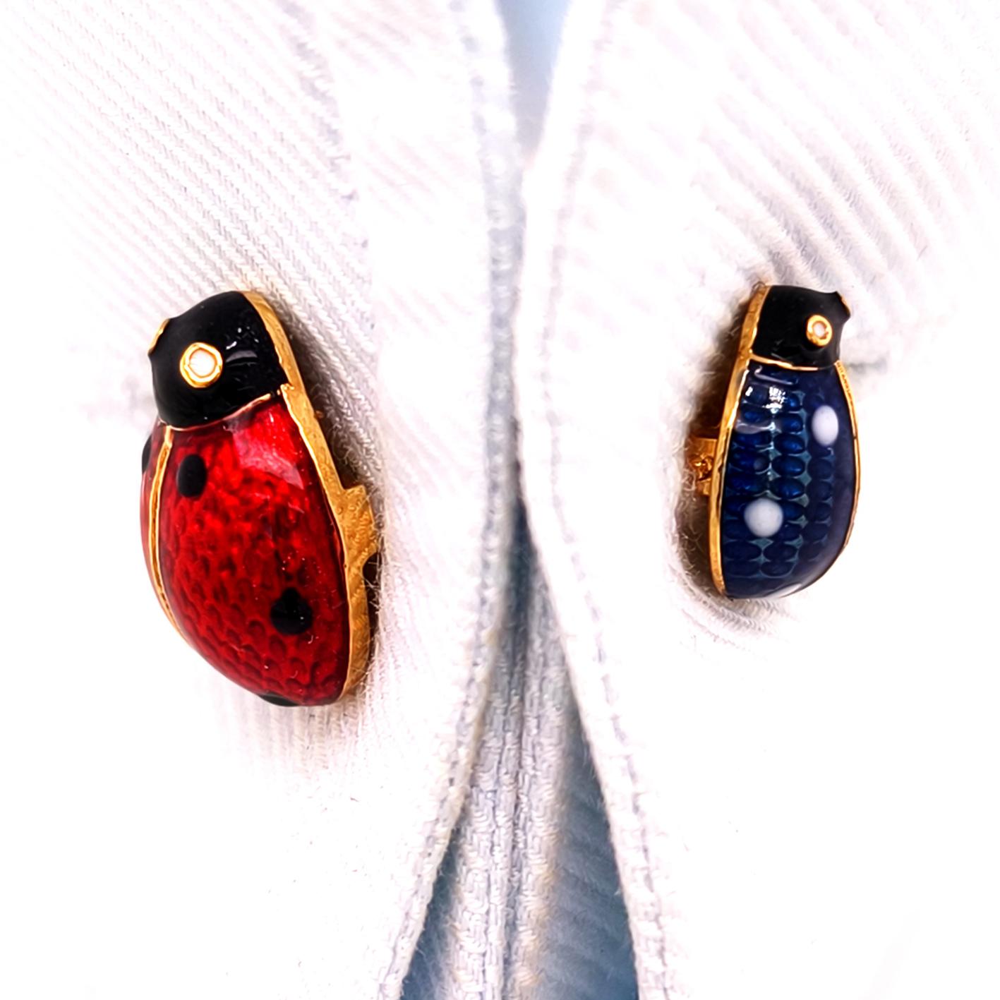 Berca Double Enameled Ladybug Shaped Sterling Silver Gold Plated Cufflinks en venta 3