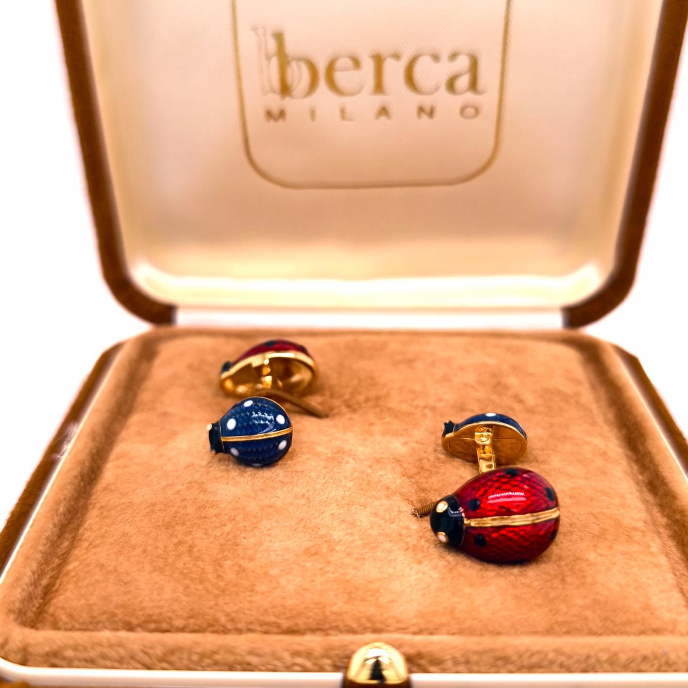 Berca Double Enameled Ladybug Shaped Sterling Silver Gold Plated Cufflinks en venta 4