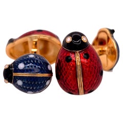 Berca Double Enameled Ladybug Shaped Sterling Silver Gold Plated Cufflinks