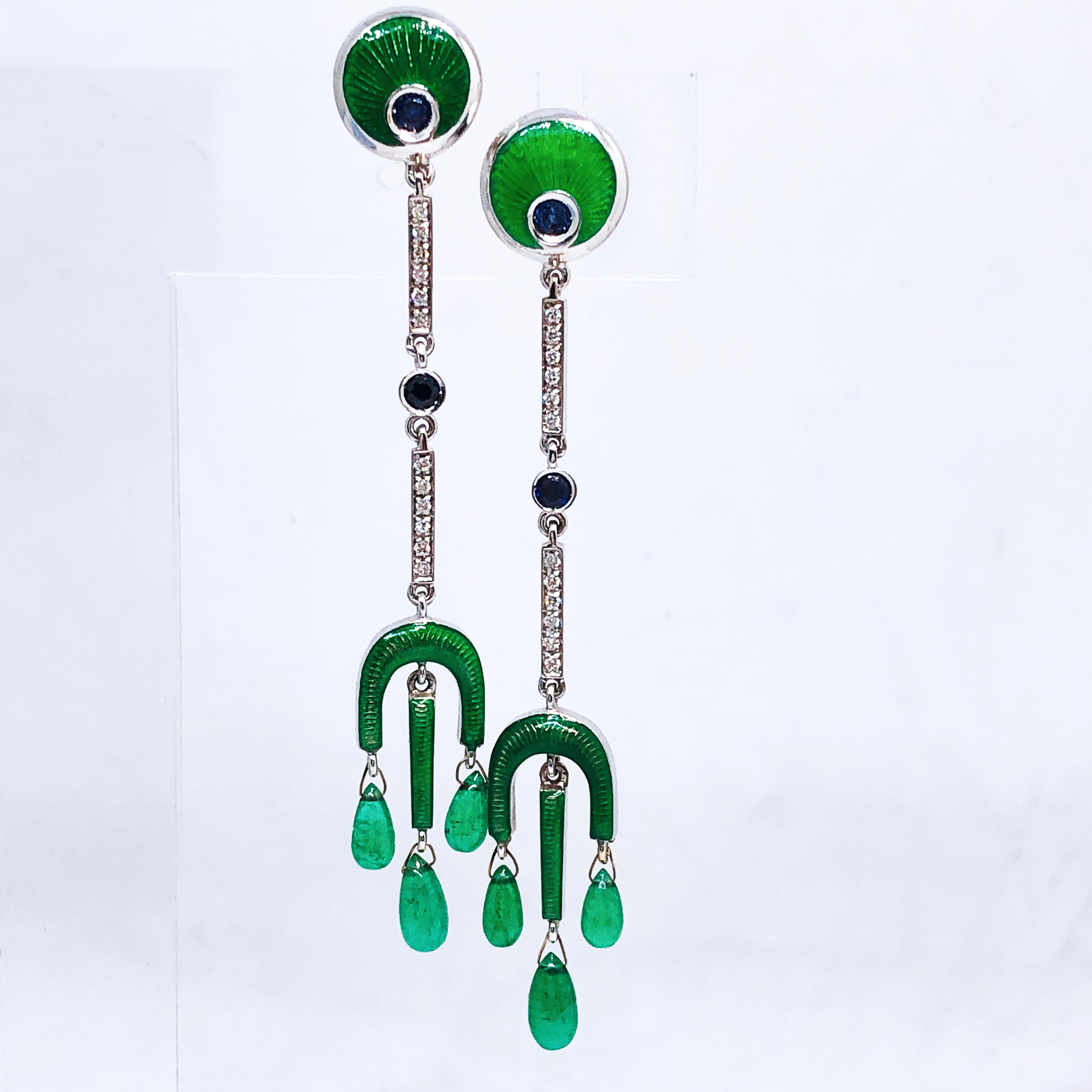 Berca Emerald Drops Weißer Diamant Saphir Emaillierte Champslevé Tropfen Ohrringe im Angebot 6