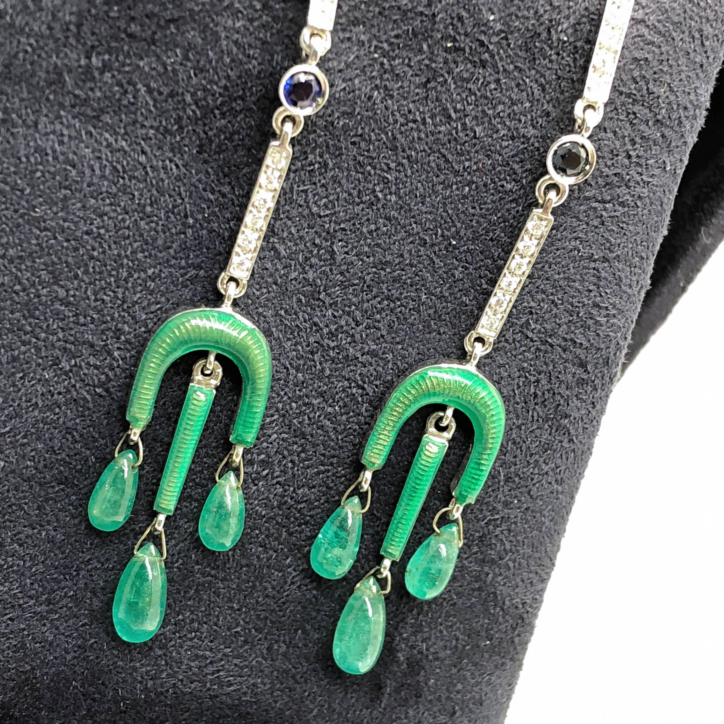 Berca Emerald Drops Weißer Diamant Saphir Emaillierte Champslevé Tropfen Ohrringe im Angebot 7