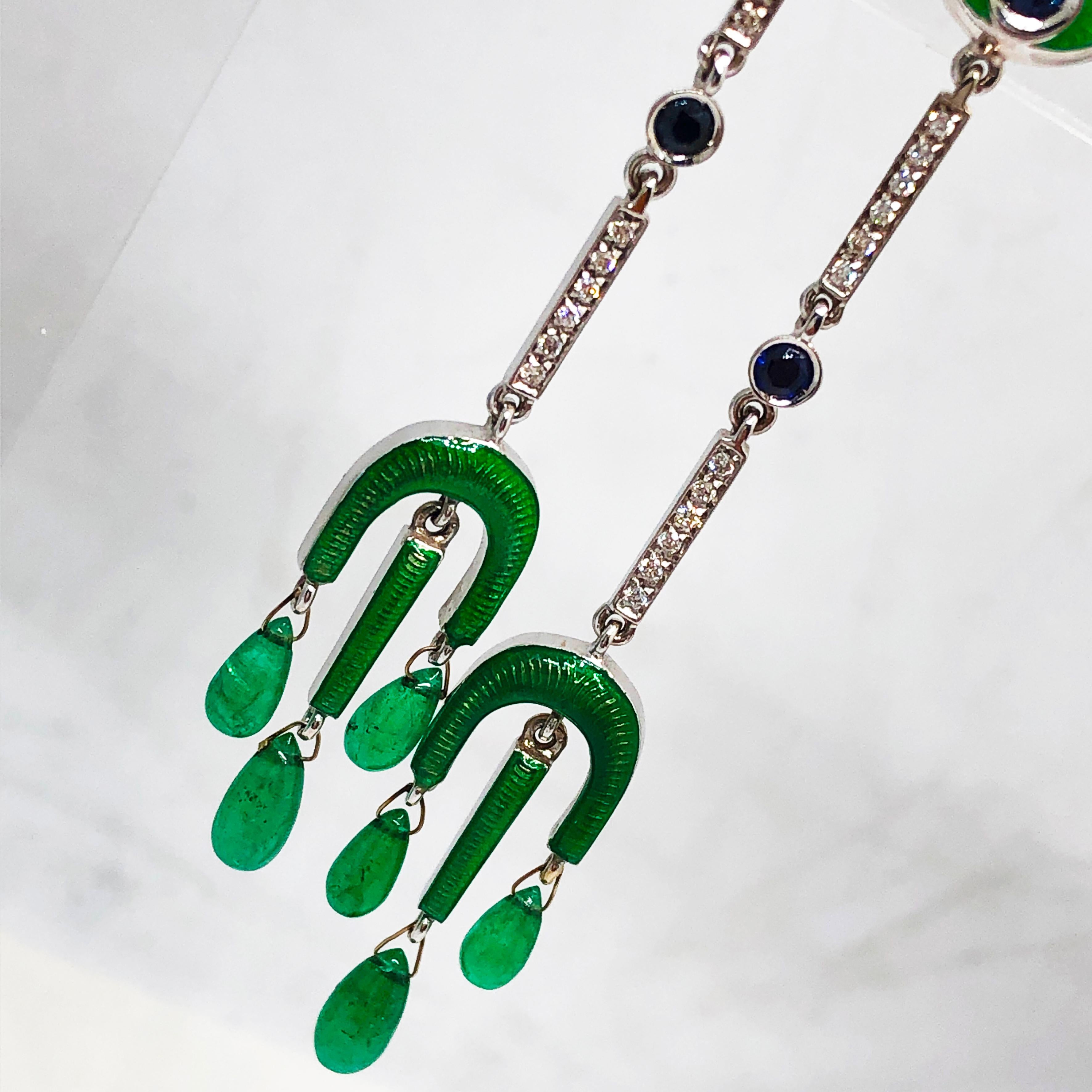 Berca Emerald Drops Weißer Diamant Saphir Emaillierte Champslevé Tropfen Ohrringe Damen im Angebot