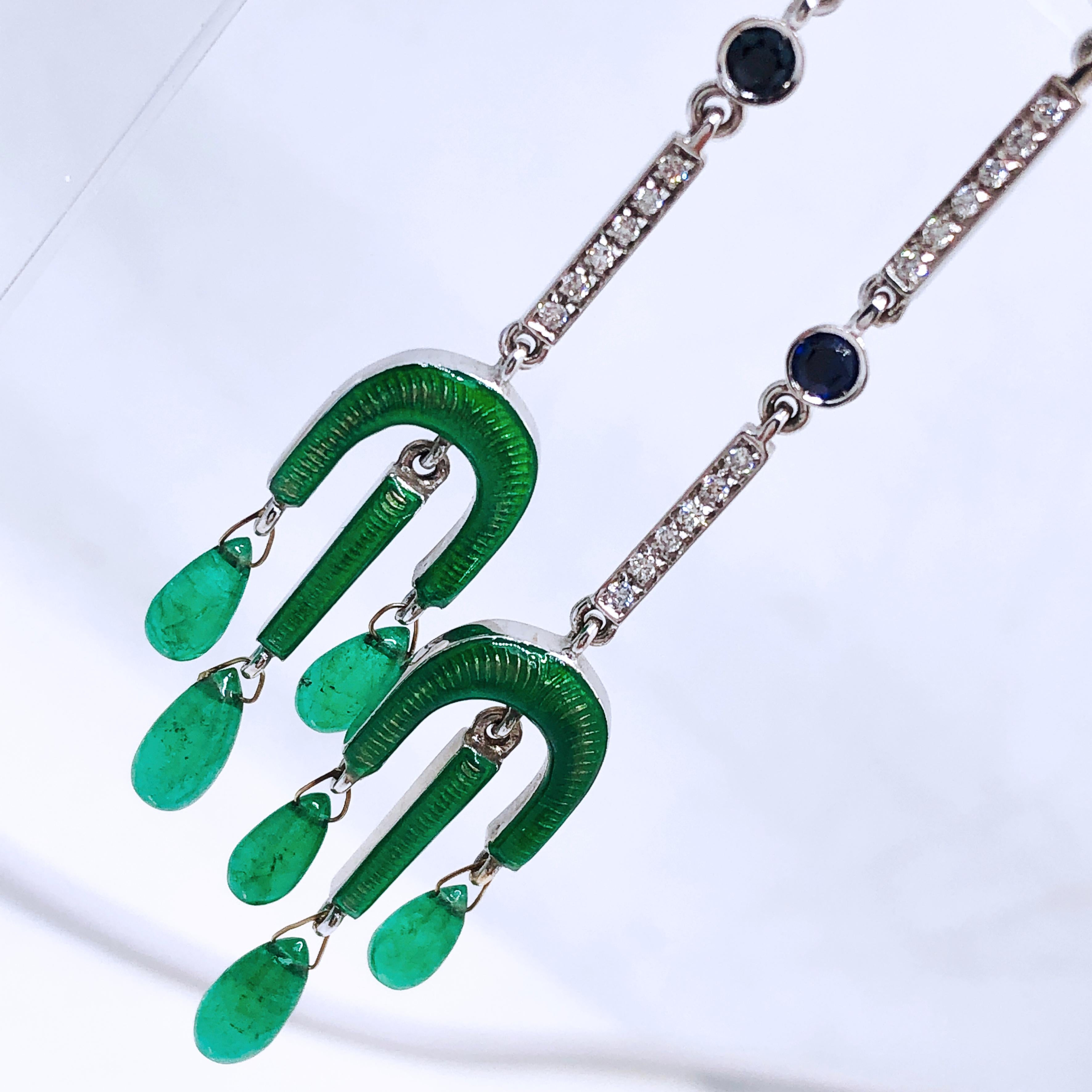 Berca Emerald Drops Weißer Diamant Saphir Emaillierte Champslevé Tropfen Ohrringe im Angebot 3