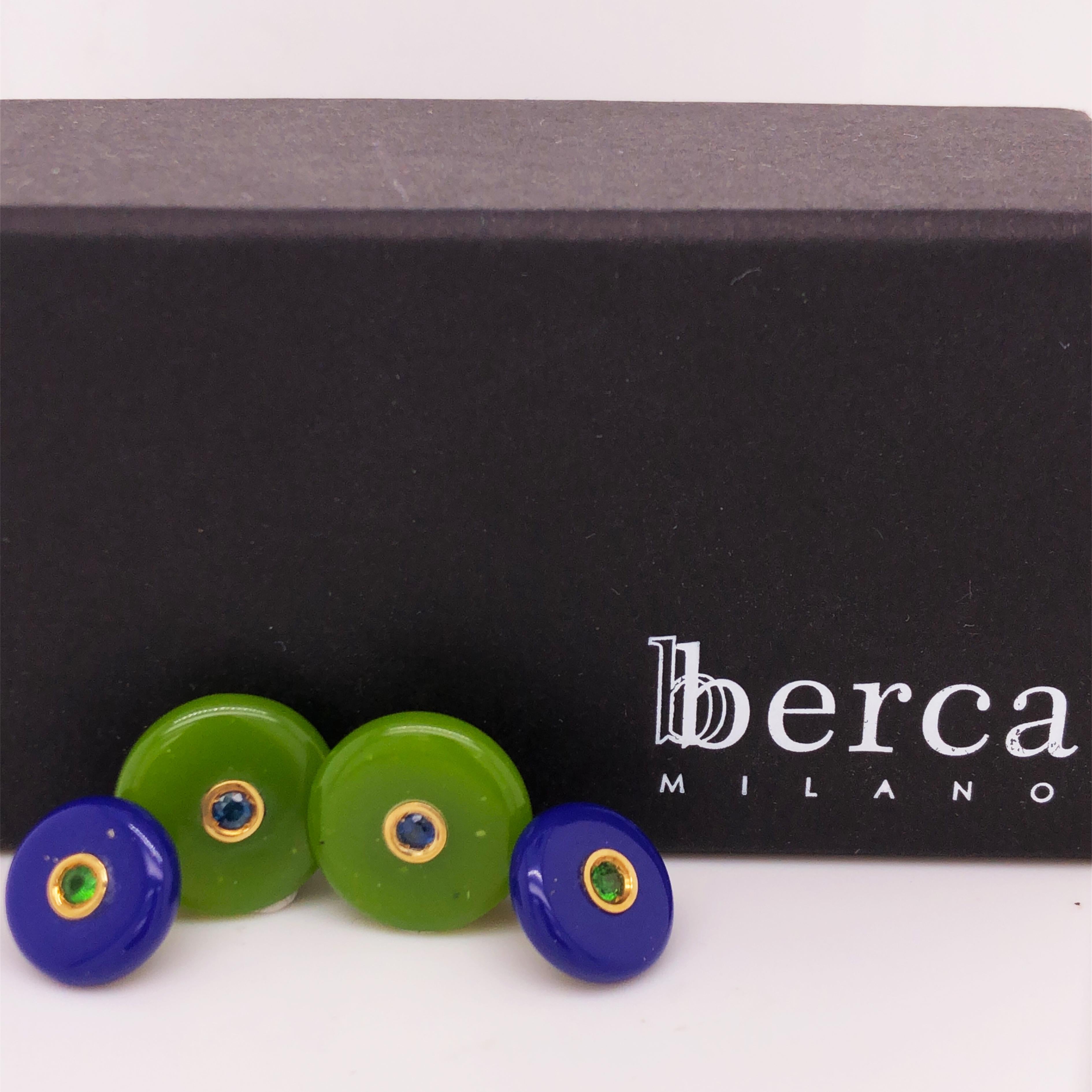 One-of-a-kind, Unique, Chic Cufflinks featuring 0.14 Carat Natural Brilliant Cut Sapphire and Emerald in a 19.50 Natural Hand Inlaid  Green Jade and Lapis-Lazuli Disk , Yellow Gold Setting.
In our Smart Leather Tobacco Case and Pouch.
All our