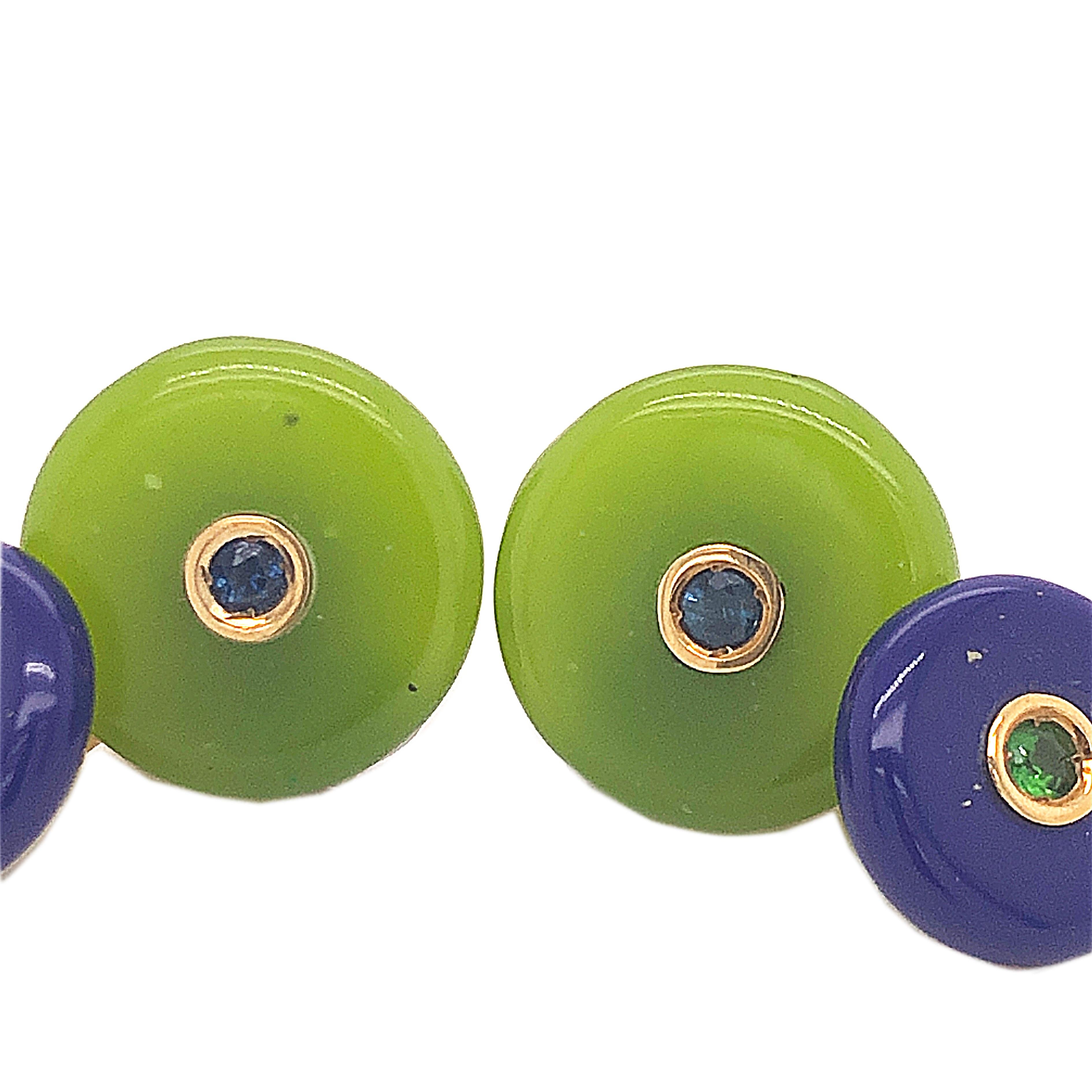 Contemporary Berca Emerald Sapphire in a Jade Lapis-Lazuli Disk Yellow Gold Setting Cufflinks For Sale