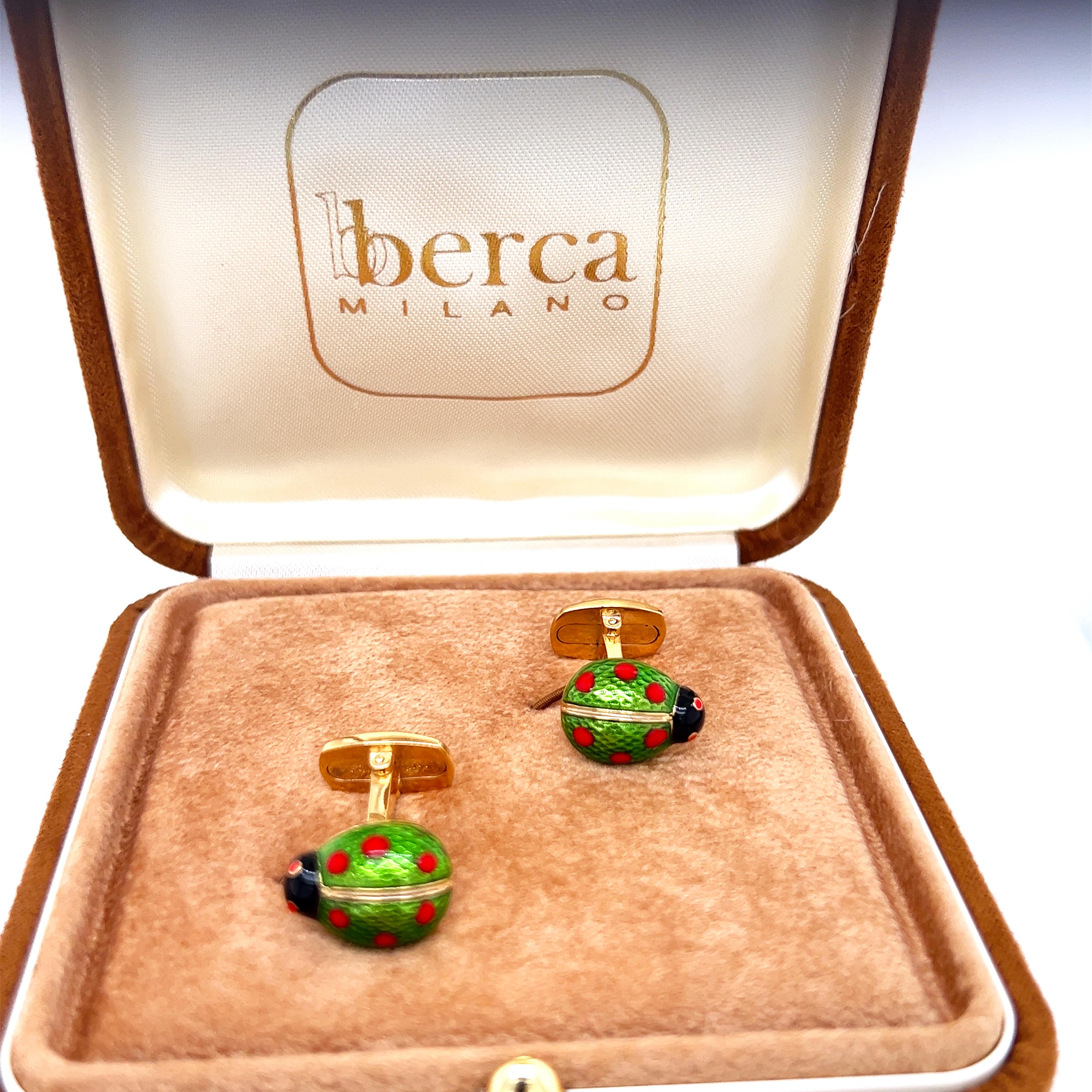 Berca Enameled Ladybug Shaped T-Bar Back Sterling Silver Gold-Plated Cufflinks For Sale 5