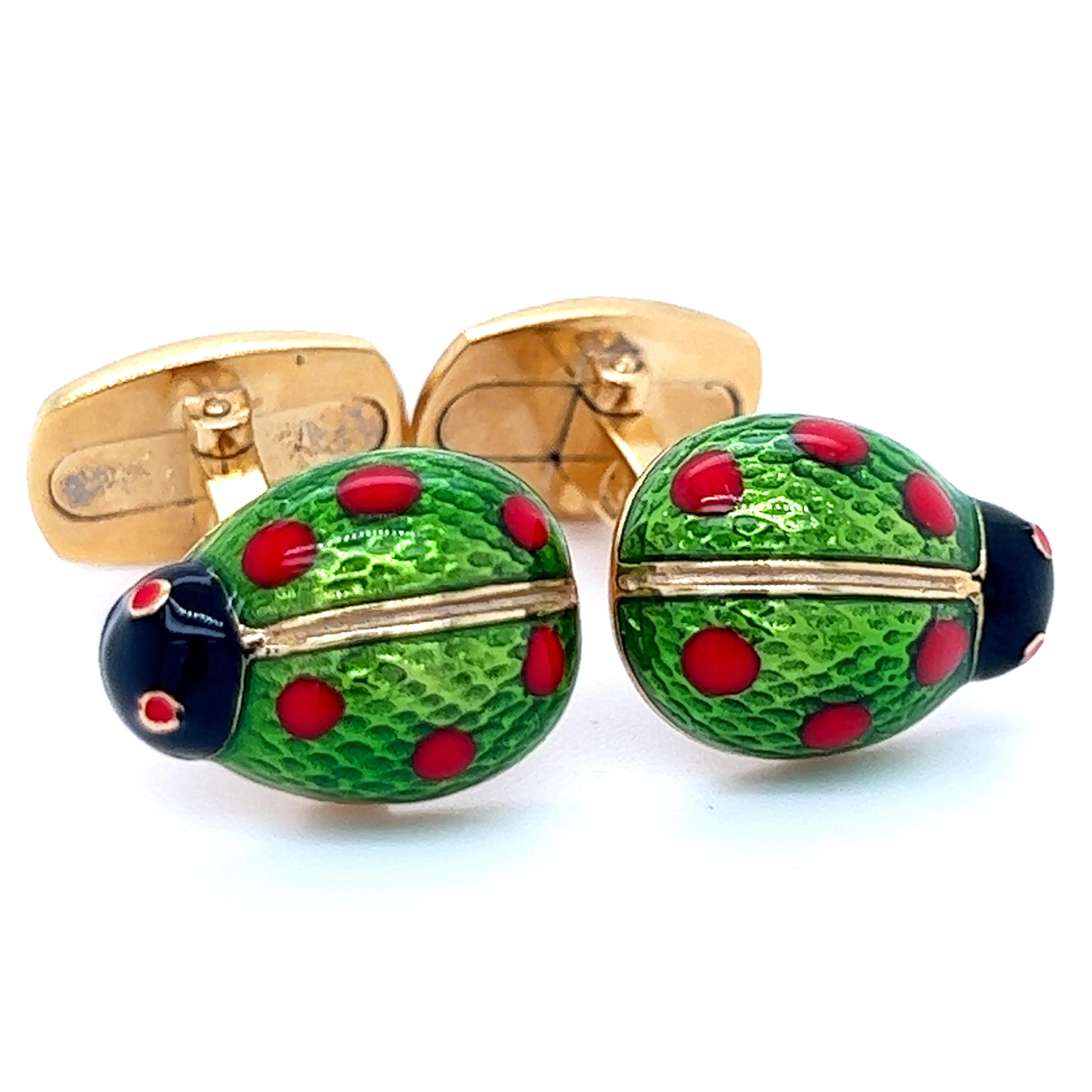 Green with Red Spot Hand Enameled Chic Little Ladybug Shaped T-Bar Back, Sterling Silver Gold Plated Cufflinks.
In our smart Black Box and Pouch.

