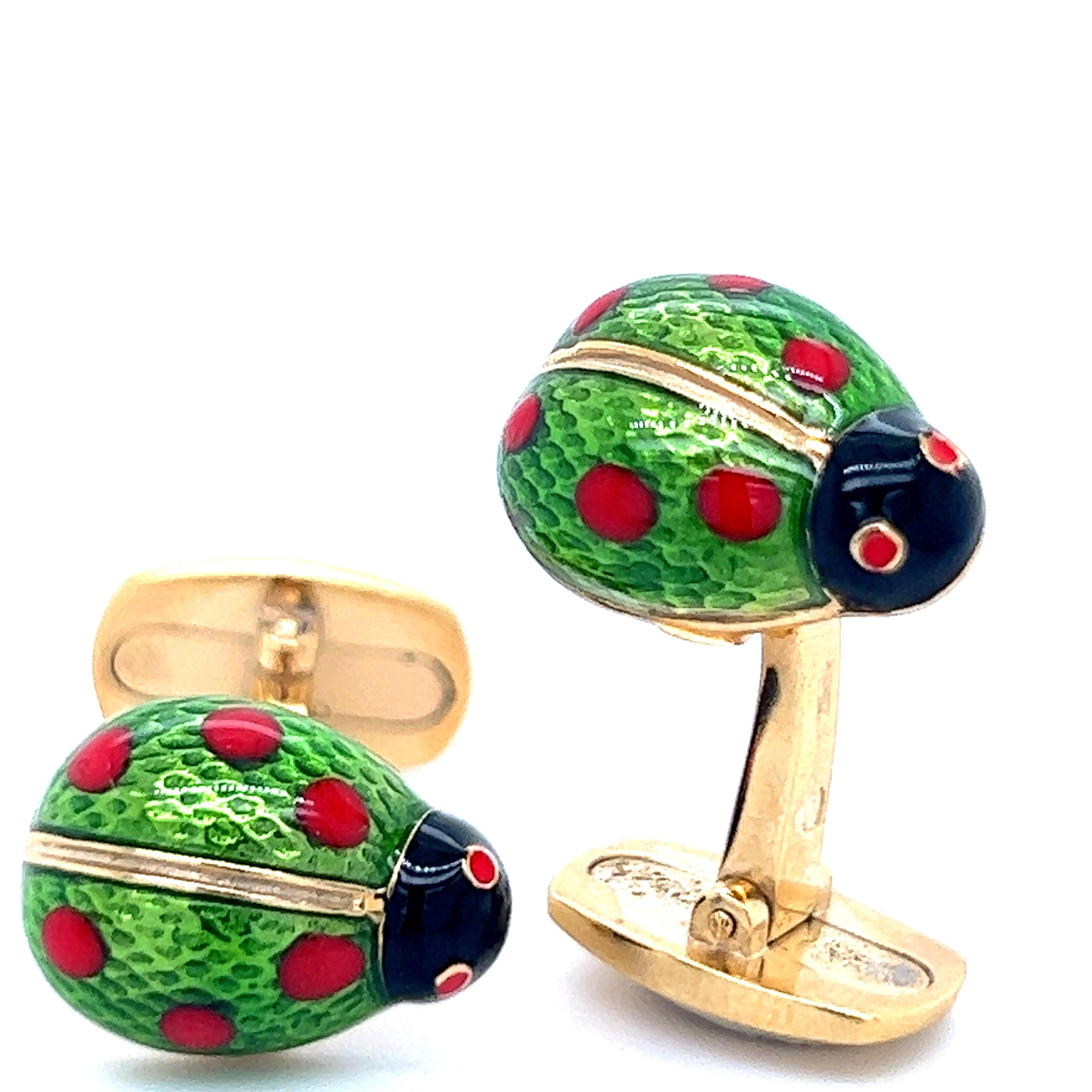 Contemporary Berca Enameled Ladybug Shaped T-Bar Back Sterling Silver Gold-Plated Cufflinks For Sale