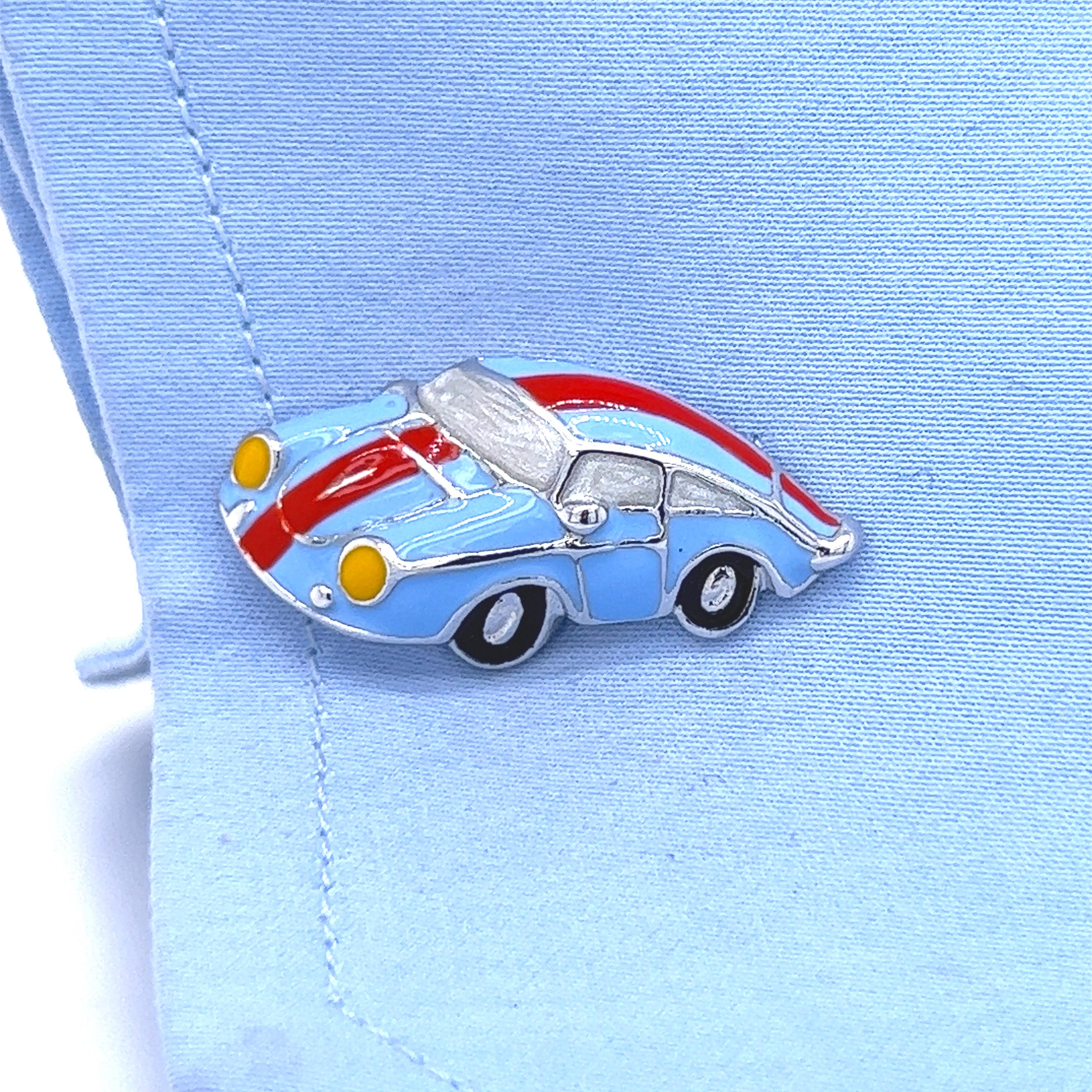 Berca Enameled Le Man’s Racing Color 911Porsche Shaped Sterling Silver Cufflinks In New Condition In Valenza, IT