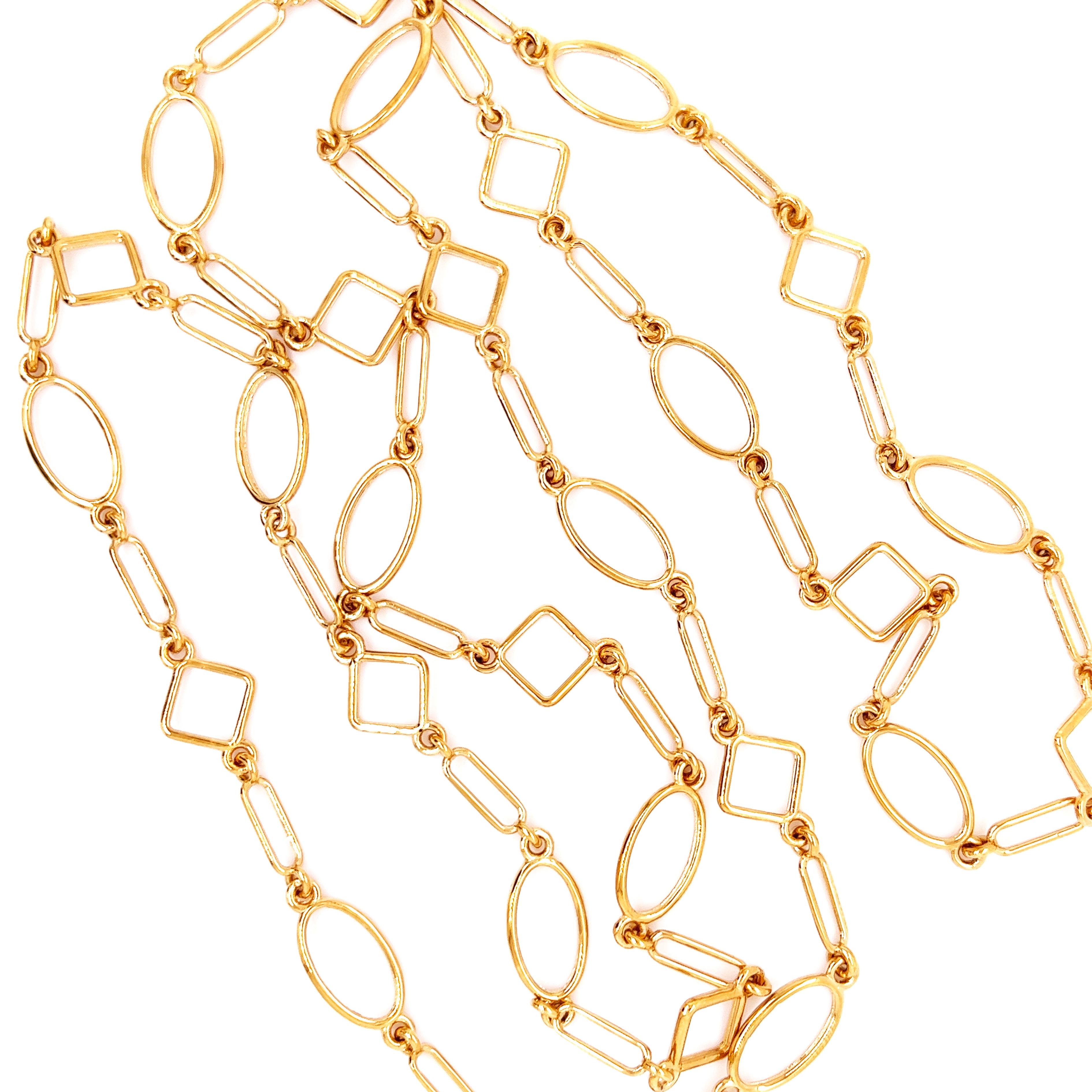 Chic yet Timeless Geometrical Long Chain Necklace composed by ovals alternated with rectangular and rhombus shaped links to create an harmonious, elegant, balanced movement(35.43inches, 90cm), 29.80g, 0.105 Troy Ounces.
This piece is a beautiful