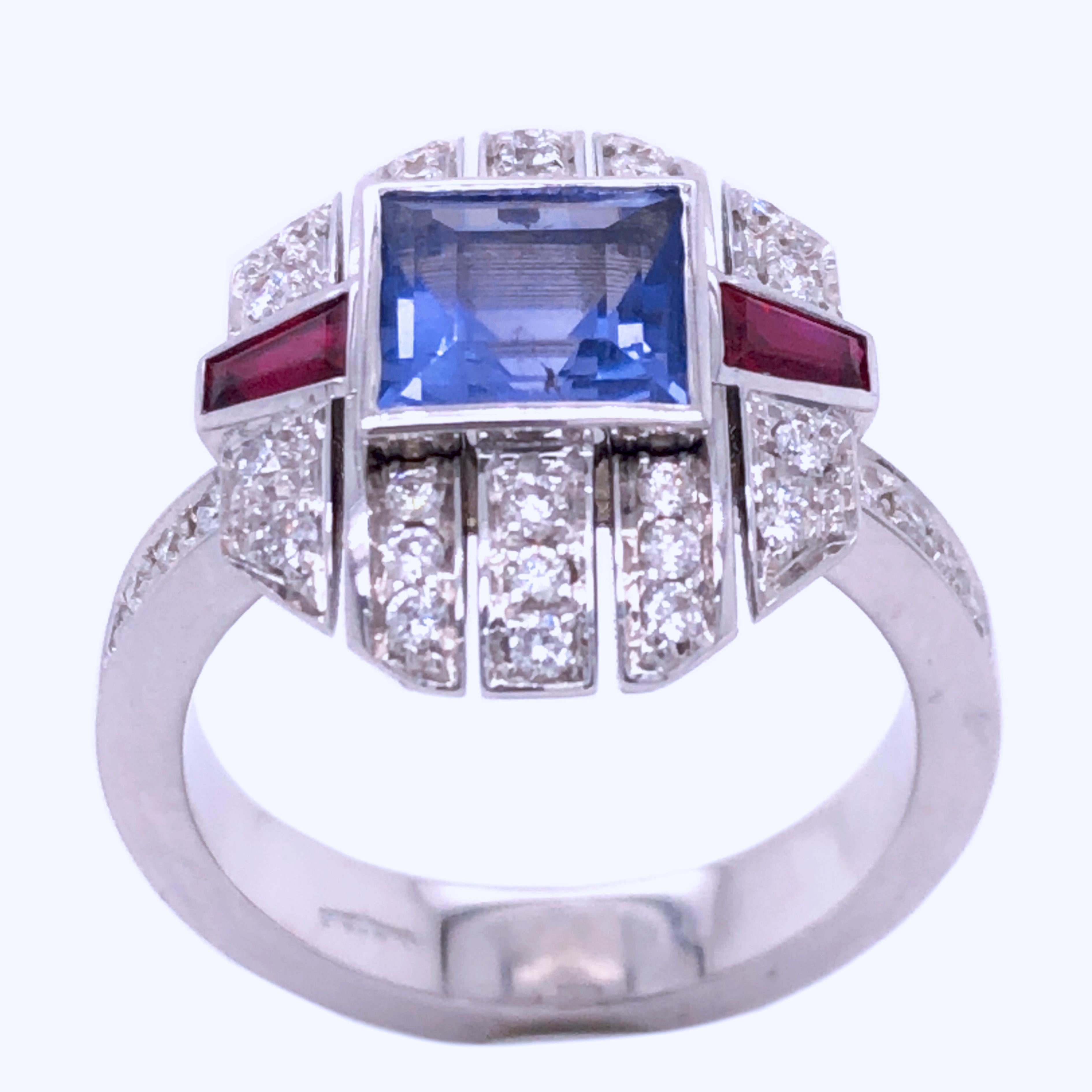 Berca GIA Certificado 1.68 Quilates Corte Cuadrado Sin Calor Zafiro Rubí Diamante Anillo Contemporáneo en venta