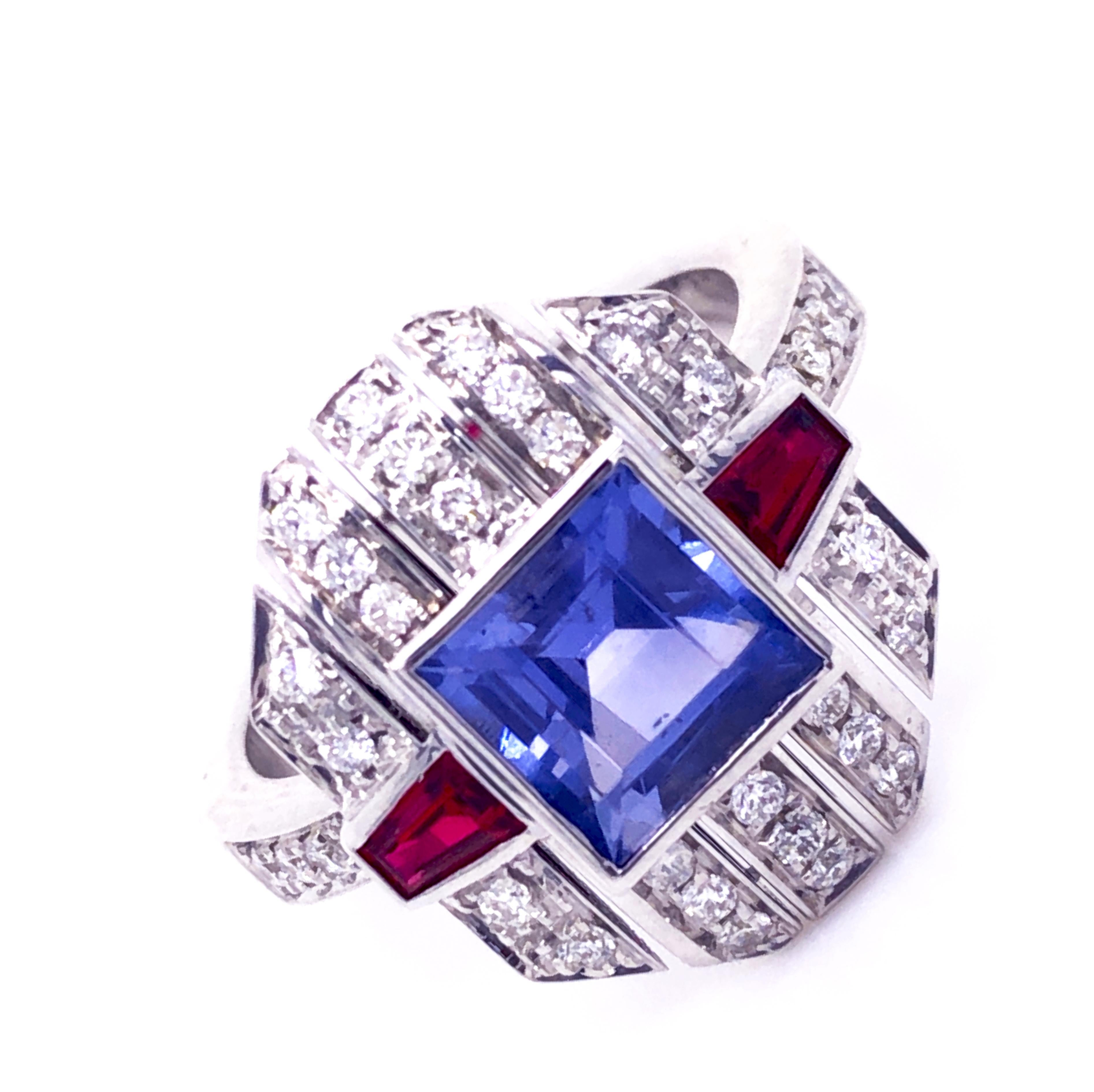 Contemporary Berca GIA Certified 1.68 Carat Square Cut No Heat Sapphire Ruby Diamond Ring For Sale