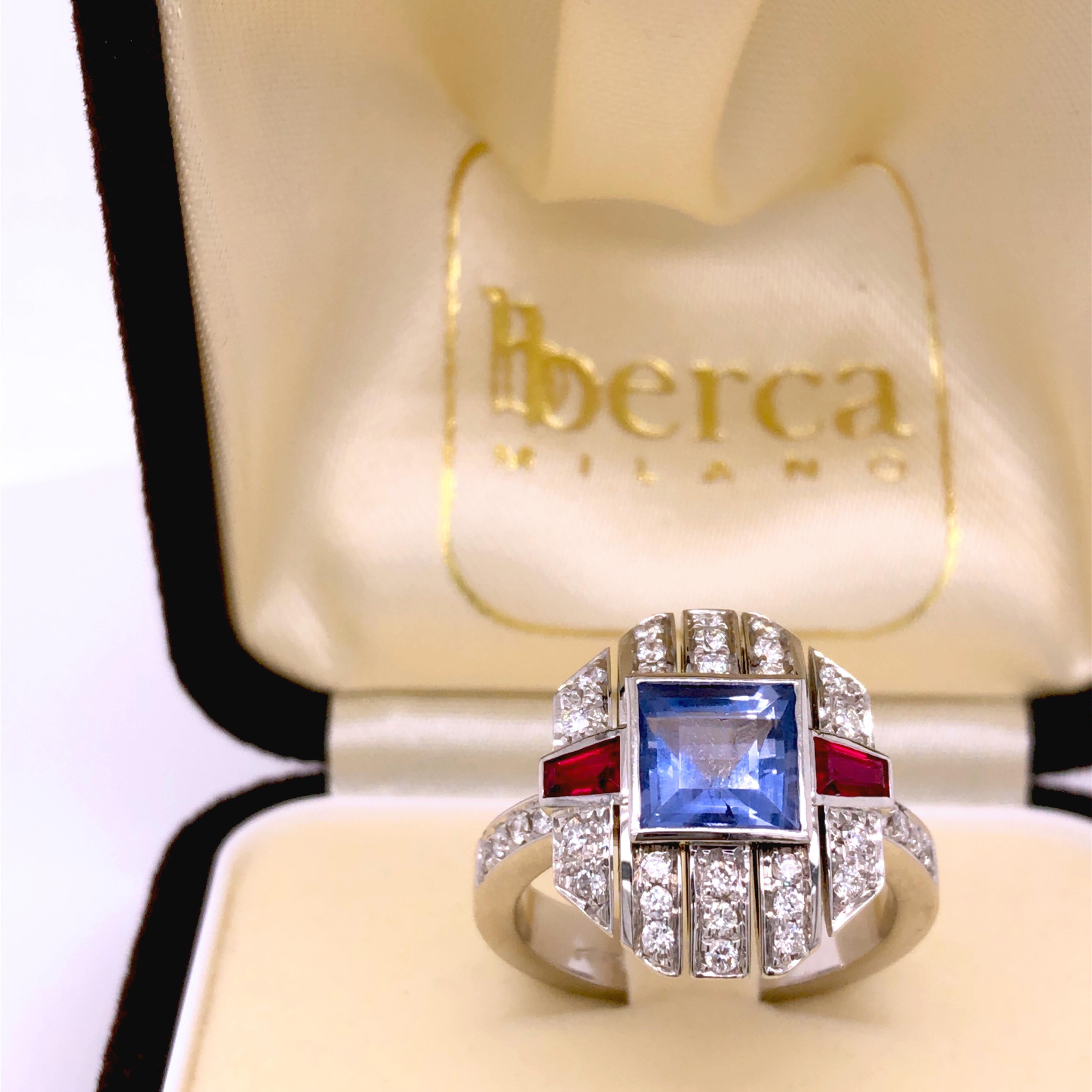 Berca GIA Certified 1.68 Carat Square Cut No Heat Sapphire Ruby Diamond Ring For Sale 8
