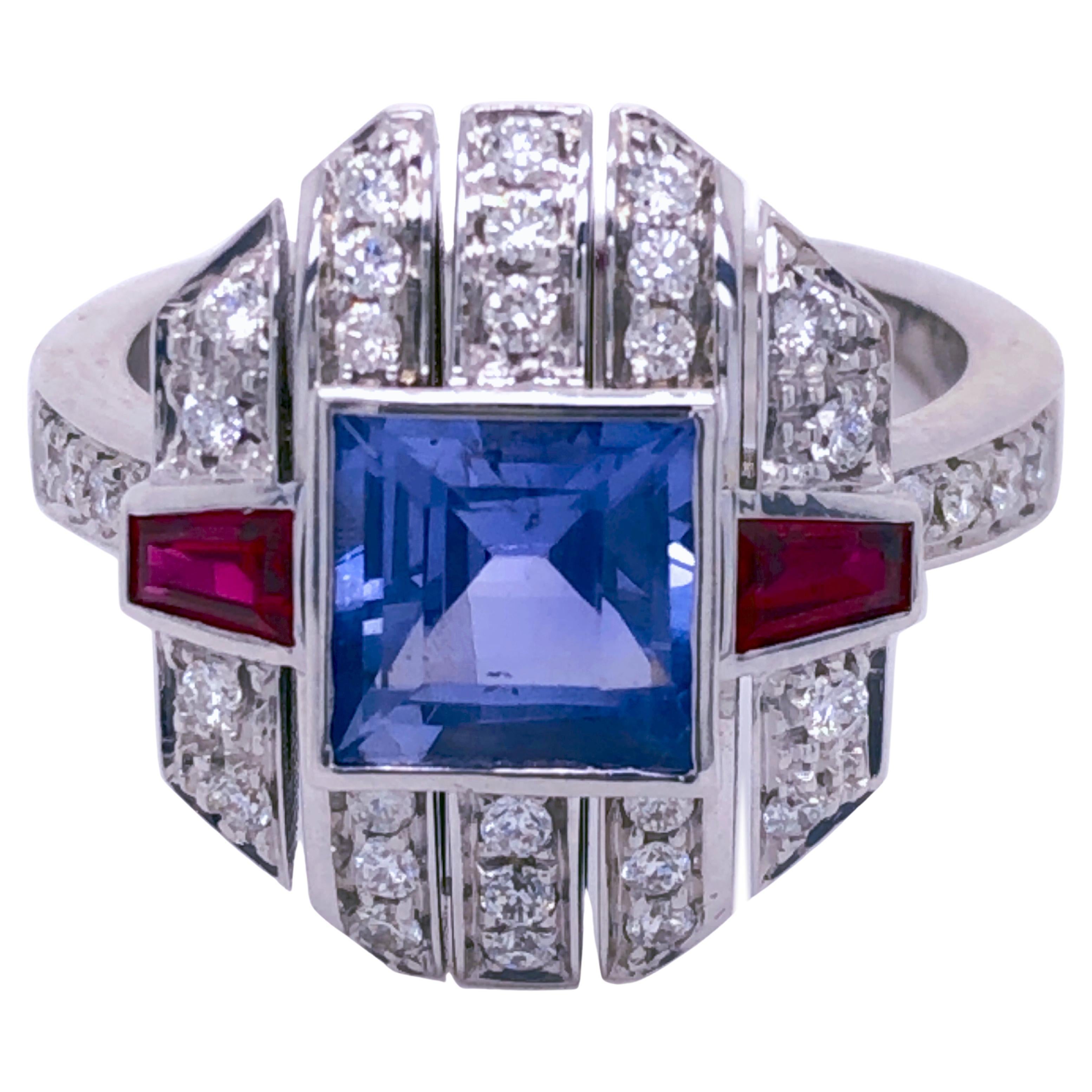 Berca GIA Certified 1.68 Carat Square Cut No Heat Sapphire Ruby Diamond Ring For Sale