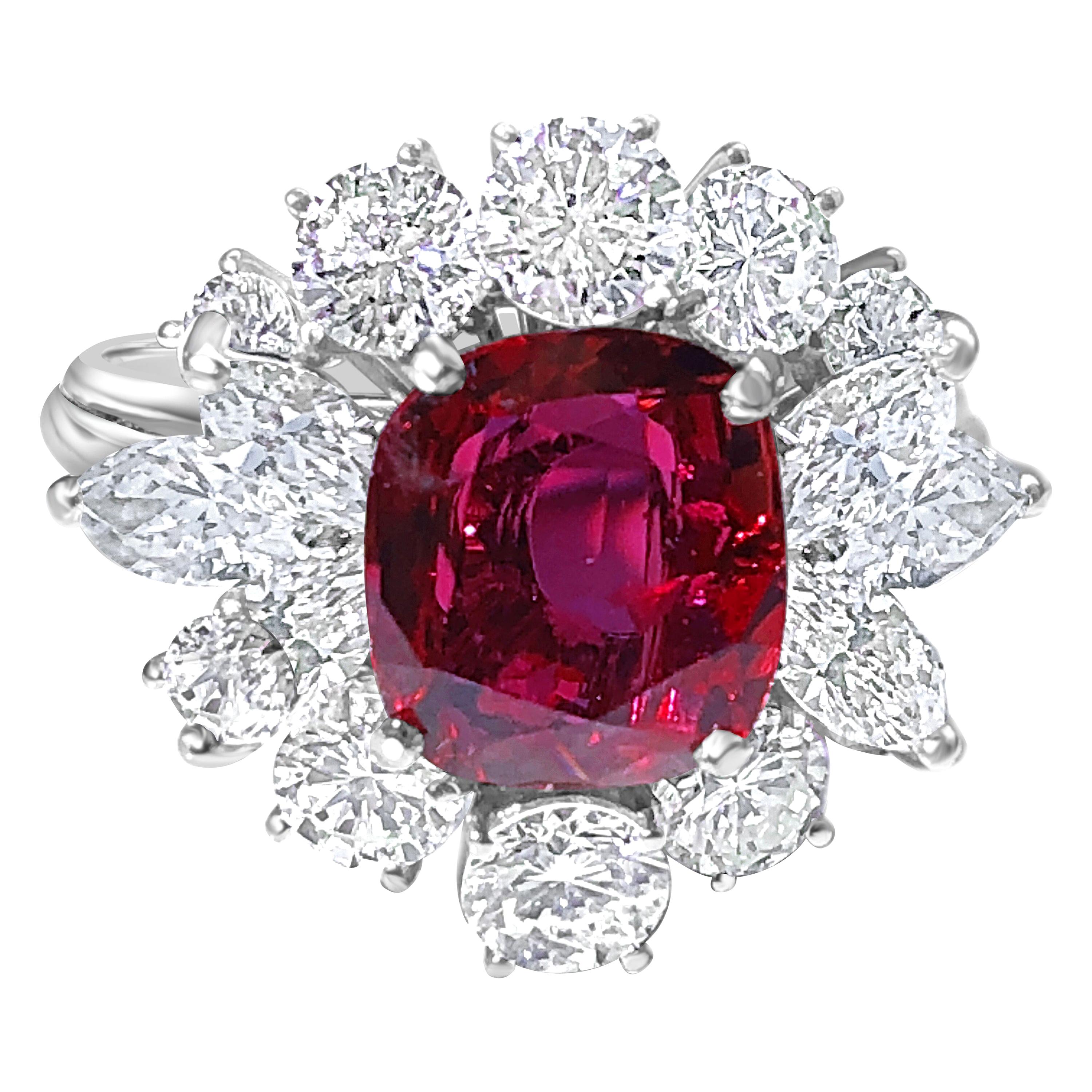 Berca GIA Certified 2.23Kt No Heat Cushion Cut Siam Red Ruby 1960 Ballerina Ring For Sale