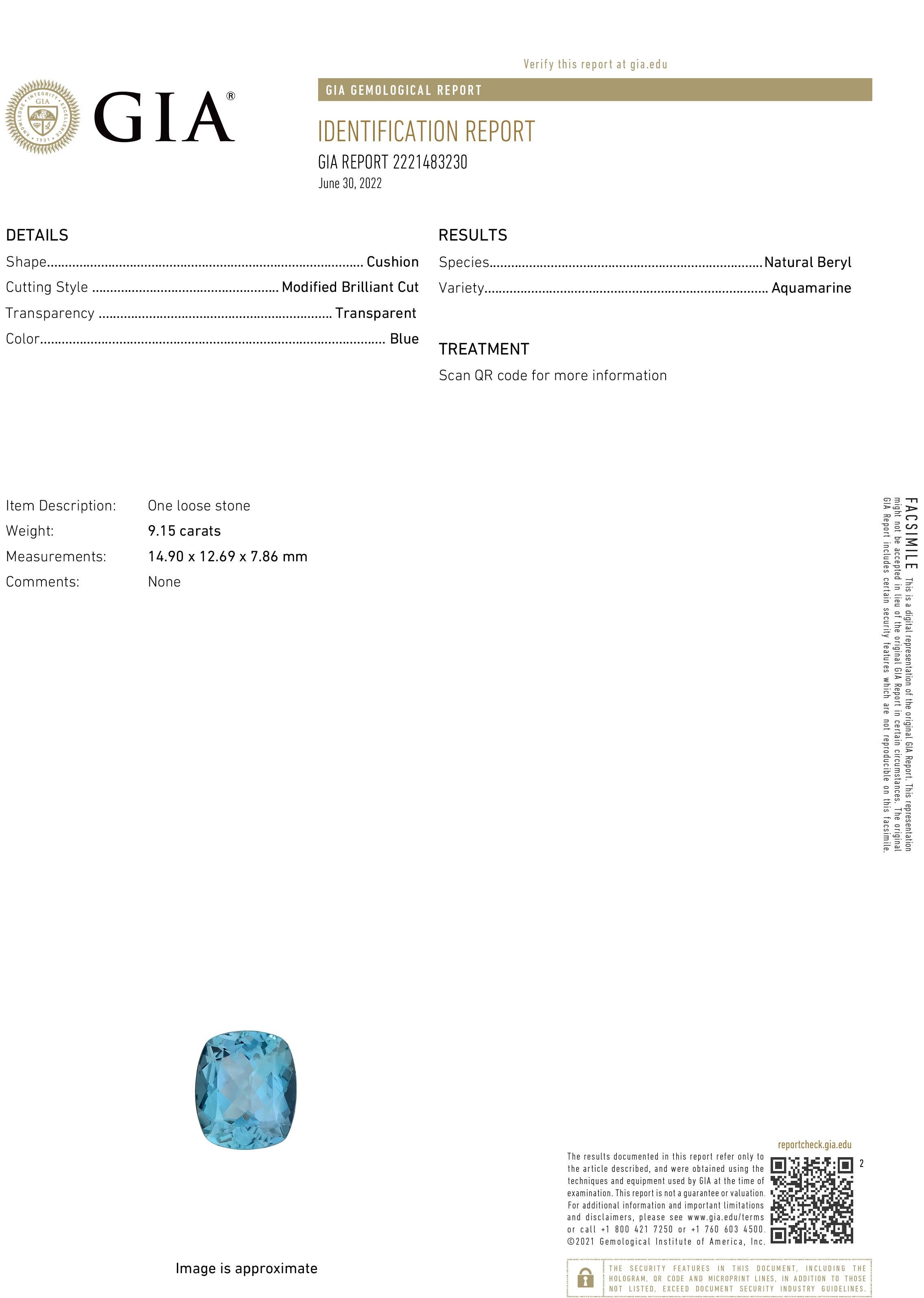 Exceptionnelle bague solitaire intemporelle présentant une superbe aigue-marine bleue transparente naturelle à taille coussin, d'origine brésilienne Santa Maria, de 9,15 carats (14,9 x 12,69 x 7,86 mm), dans une monture chic de 0,43 carats en or