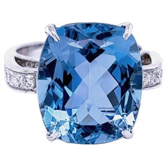 Berca GIA Certified 9.15Kt Antik Cushion Cut Blue Aquamarine White Diamond Ring
