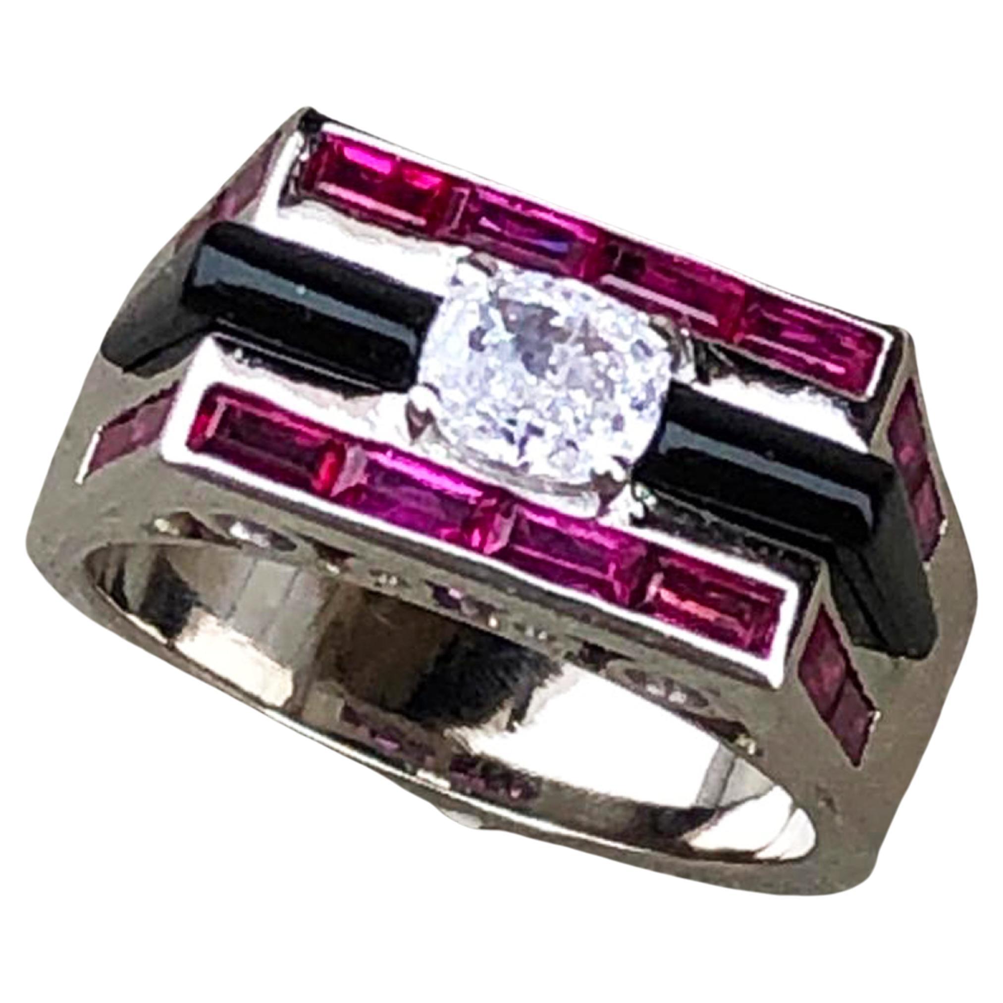 Berca GIA Certified Oval White Diamond Ruby Baguette Onyx Platinum Cocktail Ring
