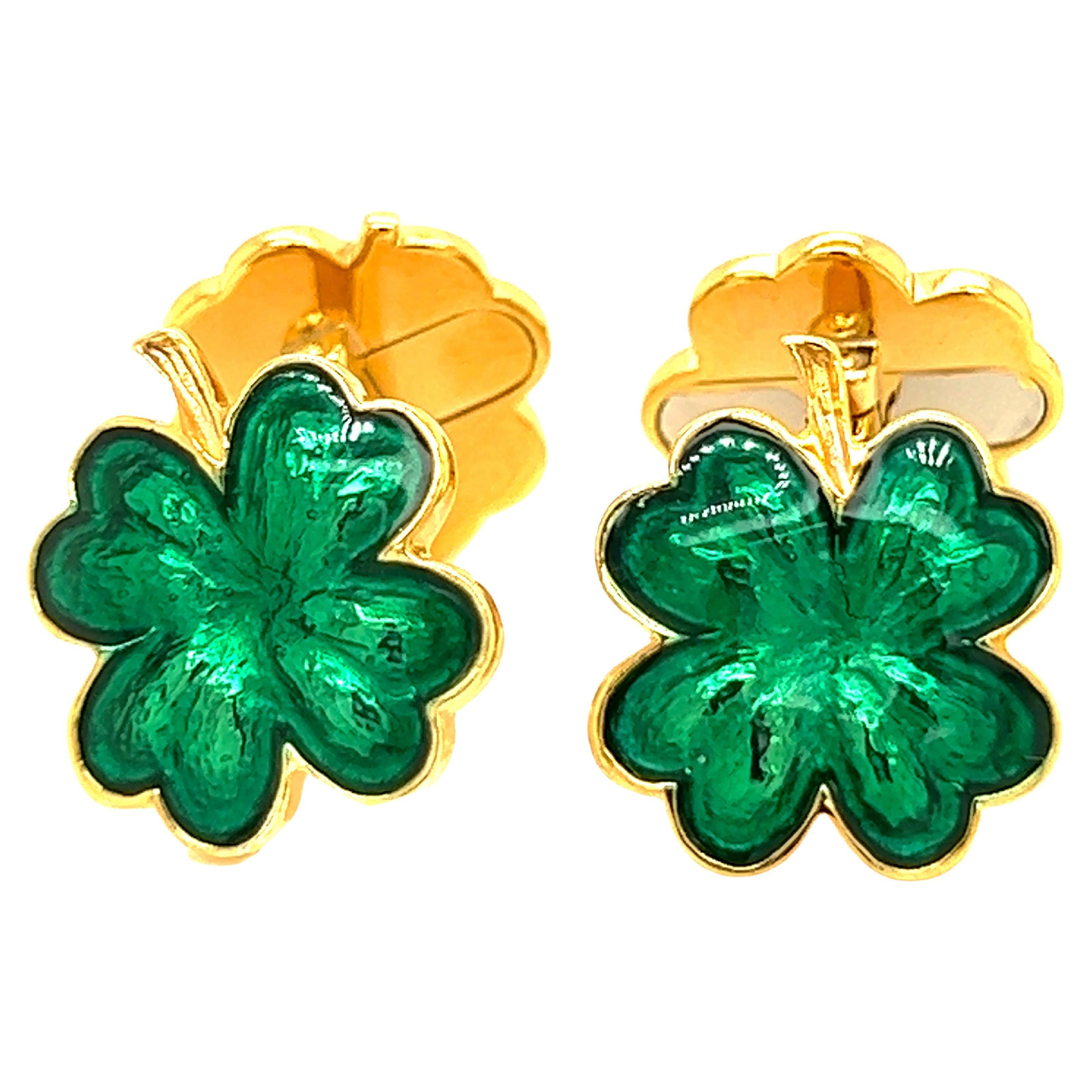 Berca Green Enameled Double Cloverleaf Sterling Silver Gold-Plated Cufflinks For Sale